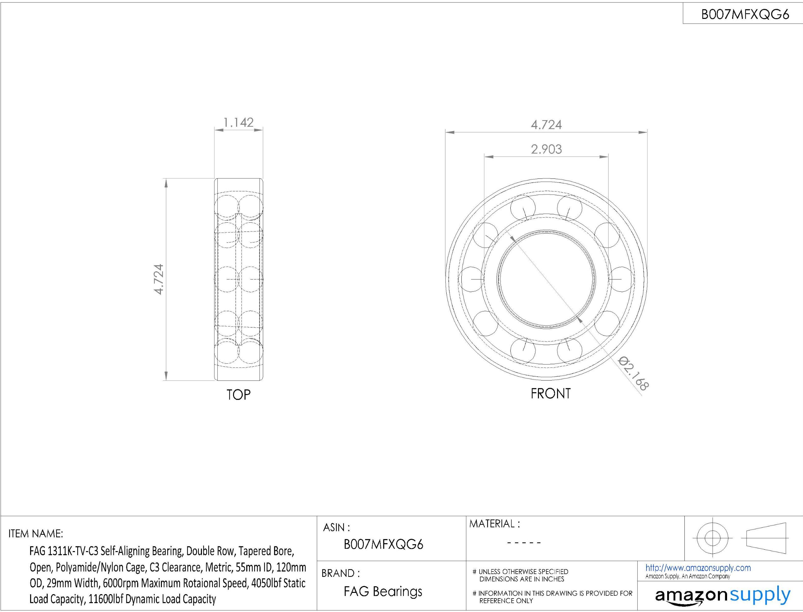 1311K-TV-C3 Double Row Self-Aligning Ball Bearing - Open, Tapered Bore, Nylon Cage, C3 Clearance - 55mm ID, 120mm OD, 29mm Width - 6000 RPM - Metric Size - Ideal for Industrial Machinery, Conveyors & High-Speed Applications
