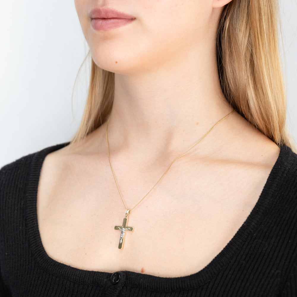 9ct Yellow Gold & White Gold Diamond-Cut Crucifix Pendant - Elegant Religious Jewelry for Gifts, Baptism & Everyday Wear