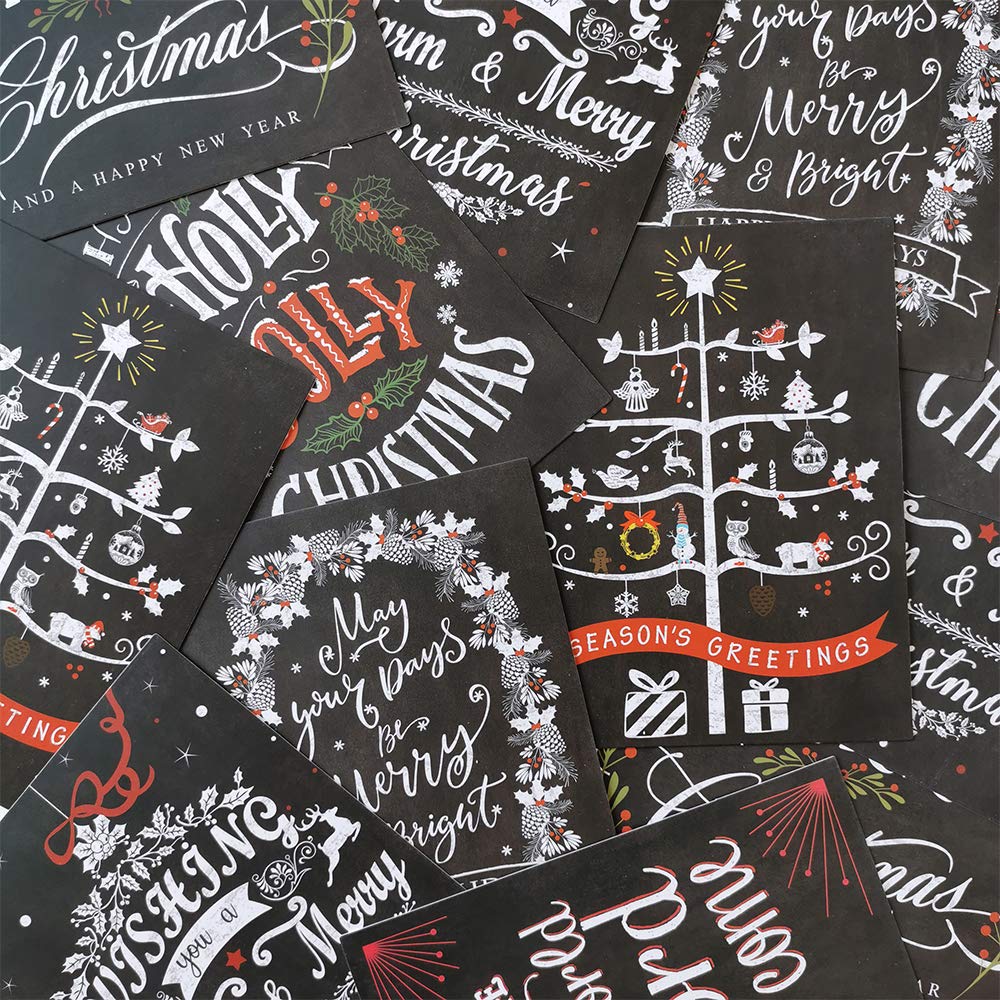 Winlyn 120-Piece Christmas Card Set with Envelopes & Stickers - 6 Vintage Chalkboard Design Holiday Greeting Cards Bulk Pack for Xmas, Winter Festivals, Office Parties & Family Gatherings