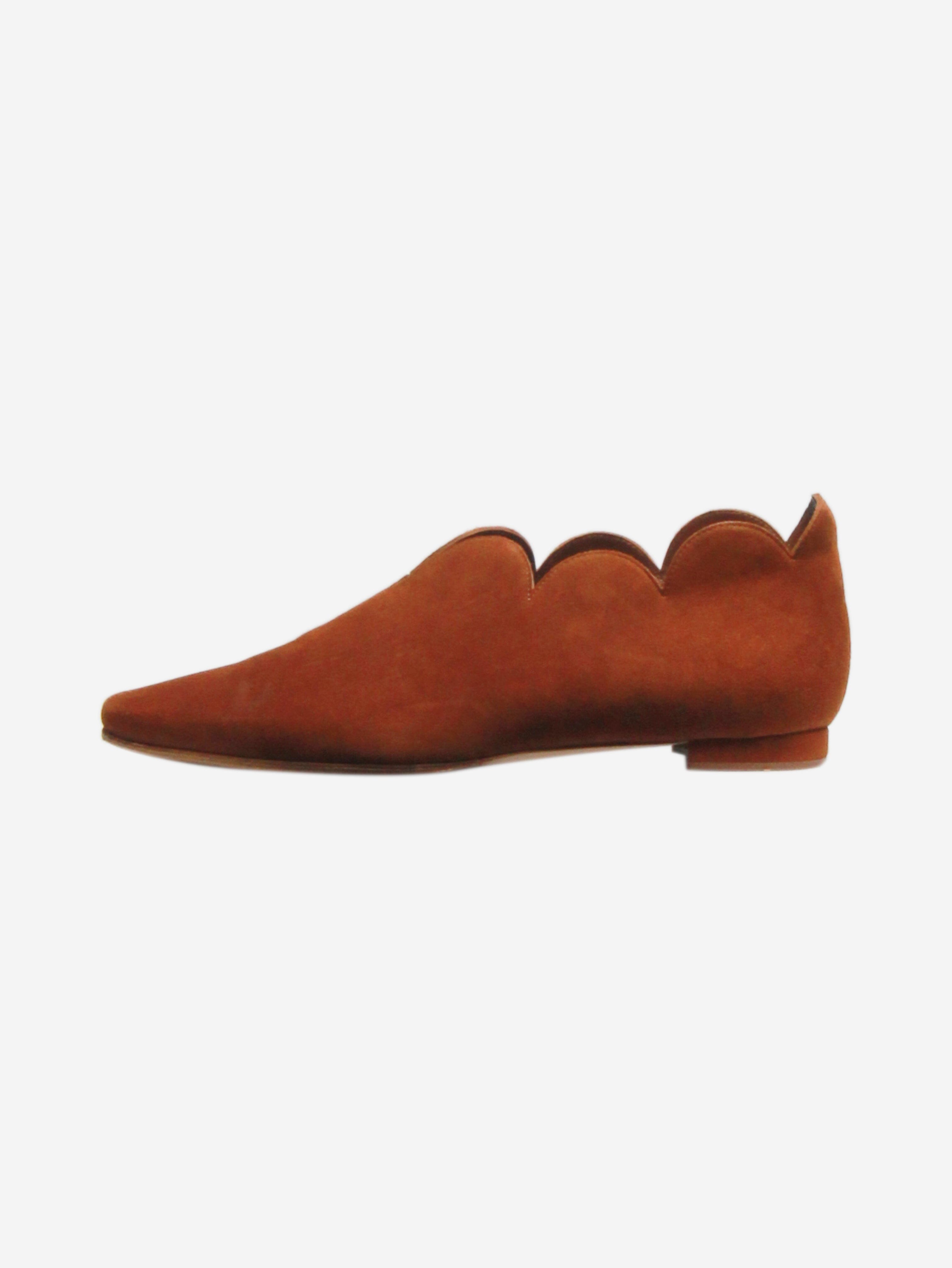 Stylish Brown Suede Scallop-Trimmed Ankle Boots Women's Size EU 37.5 (US 7.5) - Perfect for Fall Outfits, Date Nights & Casual Wear