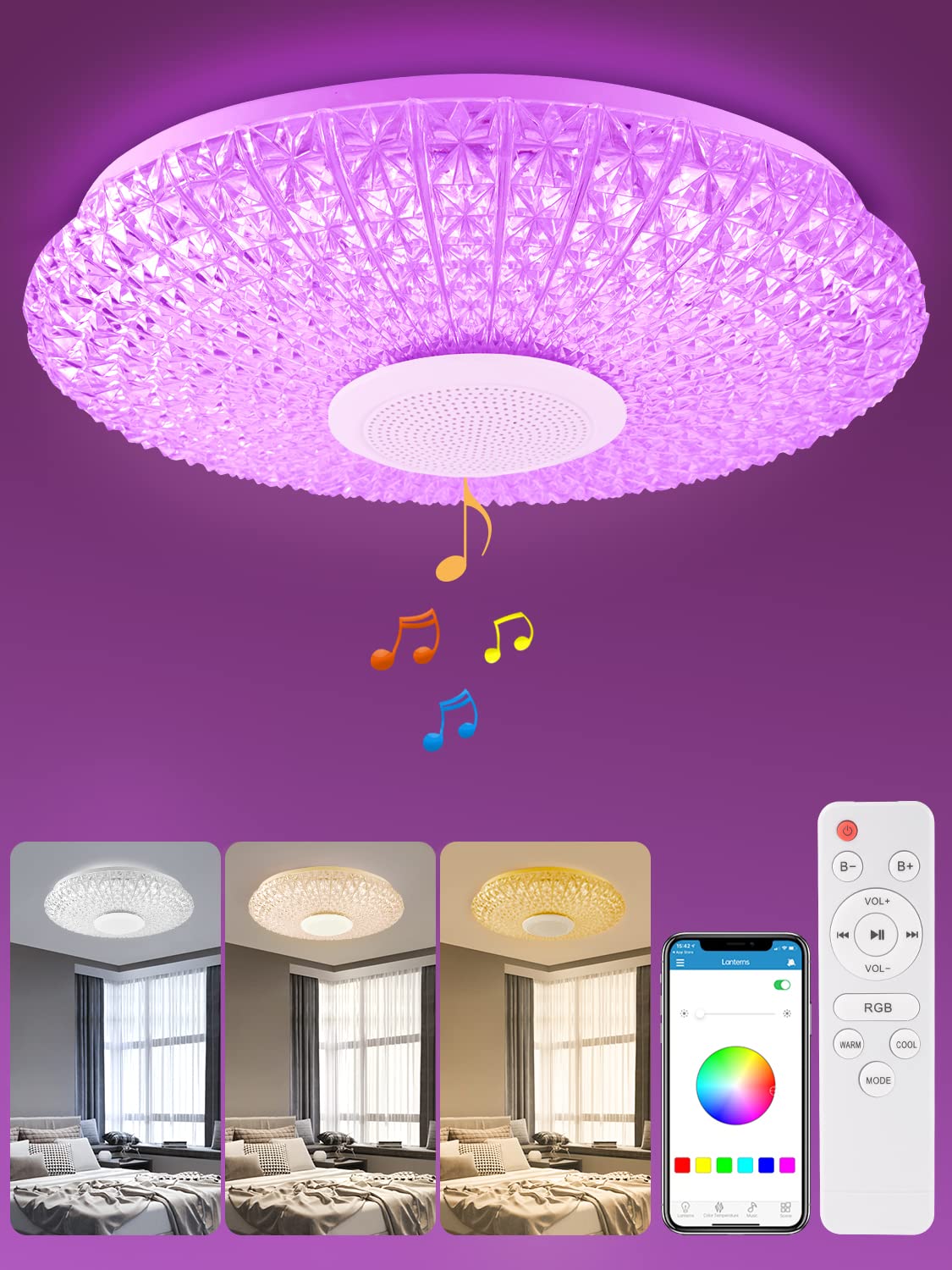 Ankishi 36W 11-inch RGB Color Changing LED Ceiling Light with Bluetooth Speaker - Dimmable Flush Mount Light for Kids Room, Bedroom & Living Room | Remote & App Control | Perfect for Parties, Home Theater & Mood Lighting