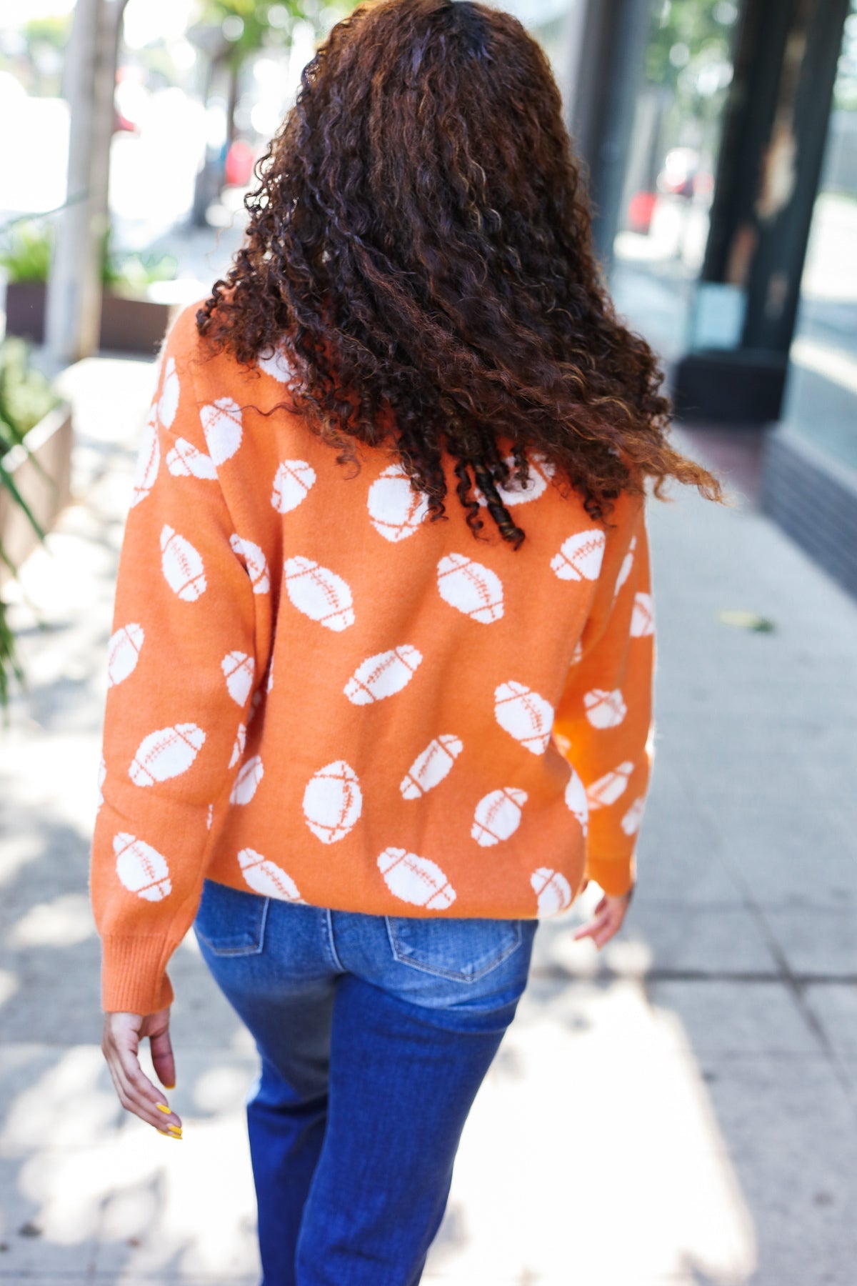 Game Day Orange Football Print Jacquard Knit Sweater - Stylish Sports Fan Apparel for Football Games, Tailgating & Casual Wear