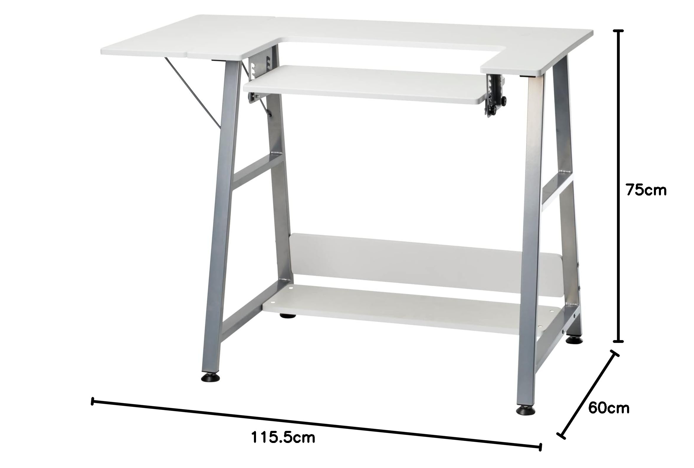 Adjustable Small Sewing Table with Drop Leaf Extension - White & Silver Sewing Machine Table with Storage Shelf | Perfect for Quilting, Crafting & Home Office Use - WC1013