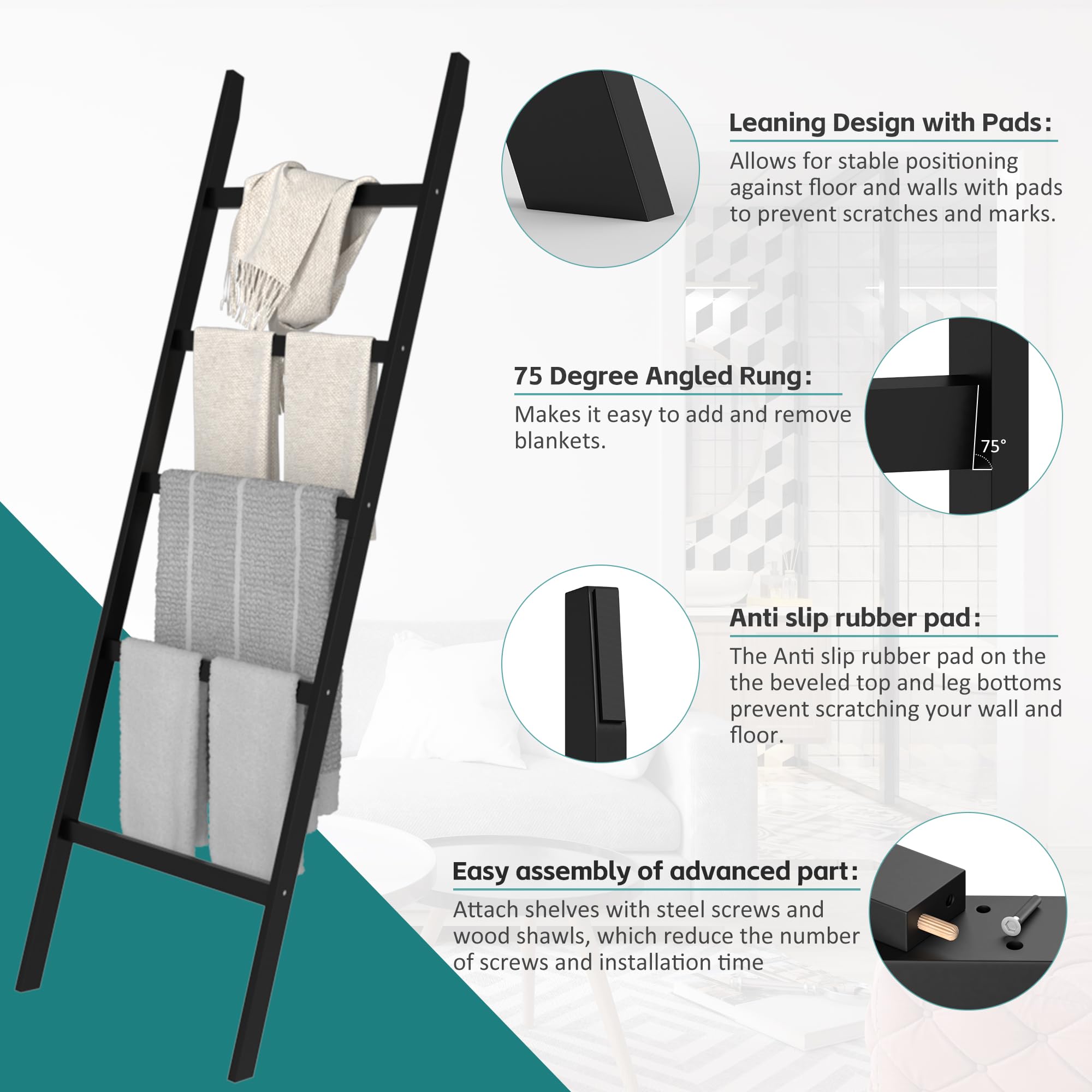 5-Tier Blanket Ladder with Anti-Slip Design - Sturdy Towel Rack for Blankets, Quilts, Scarves & Home Decor - Perfect for Living Room, Bedroom & Bathroom Organization - Black