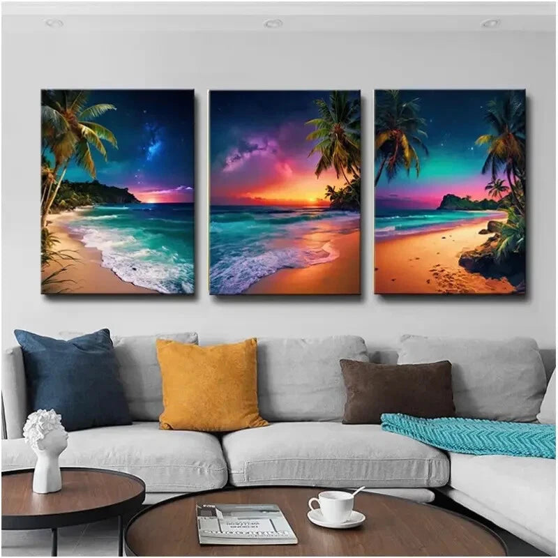3-Piece Beach Coconut Tree Metal Wall Art Print - Natural Landscape Decor - Ready to Hang for Living Room, Bedroom & Office