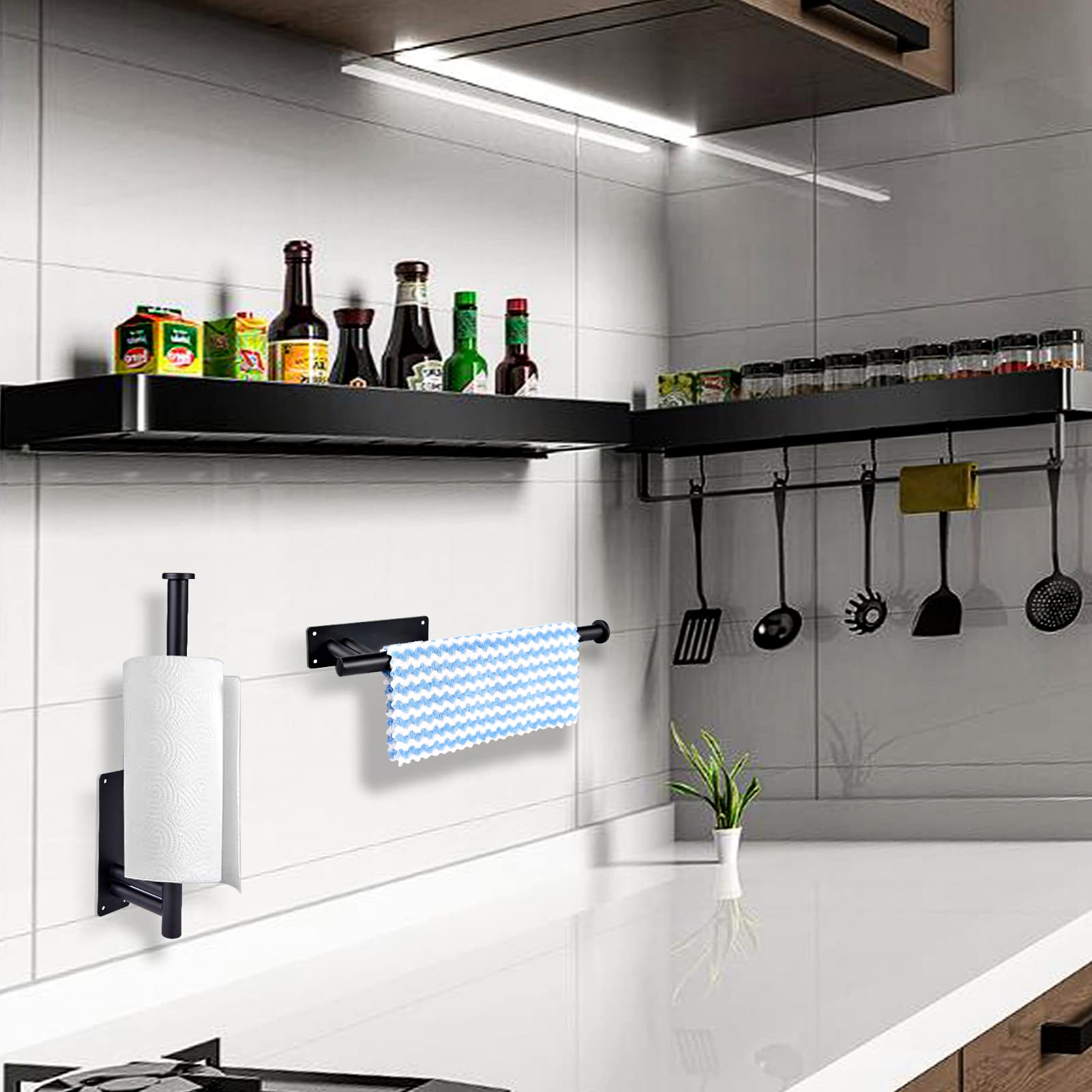 2-Pack Under Cabinet Paper Towel Holder - Upgraded Stainless Steel with Dual Rods, Wall Mount or Countertop Installation (Self-Adhesive & Drill Options) - Black - Perfect for Kitchen, Bathroom, Office & RV Organization