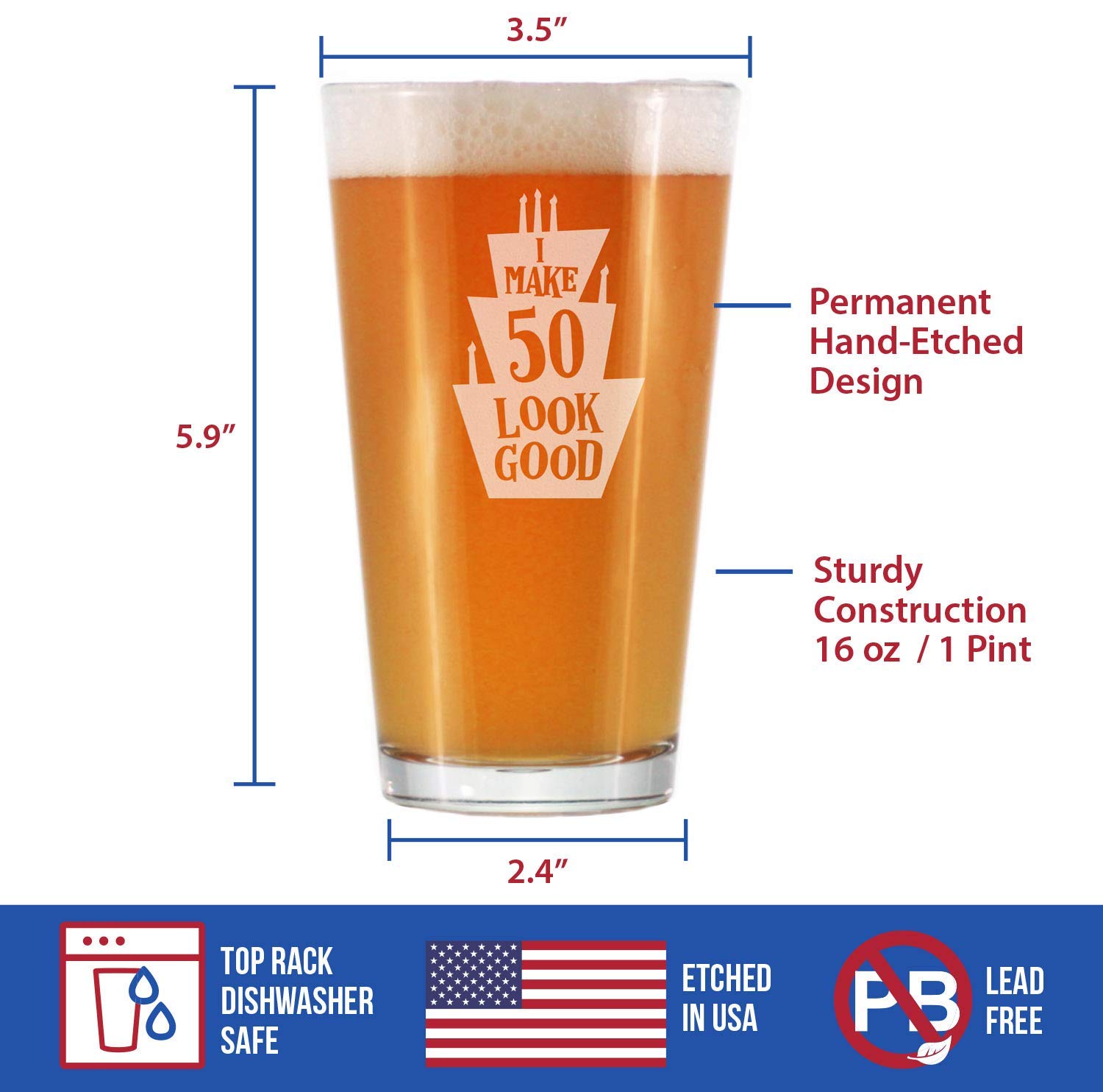Funny 50th Birthday Gift - 16 oz Pint Glass for Beer - Perfect for Men & Women Turning 50 - Great for Birthday Parties & Celebrations - Cheers to 50 Years!