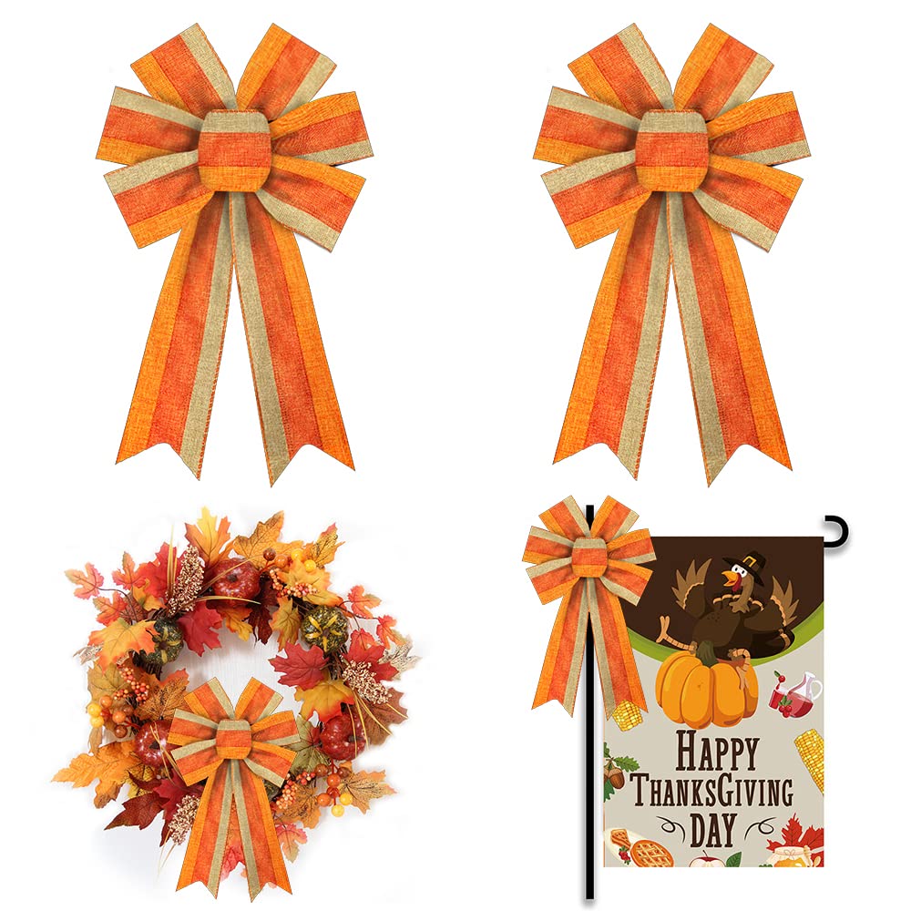 ALIBBON 2-Pack Autumn Wreath Bows - Thanksgiving Fall Decorations with Orange Stripes for Front Door, Indoor/Outdoor Wall Decor - Perfect for Seasonal Wreaths, Mantels & Holiday Home Decor