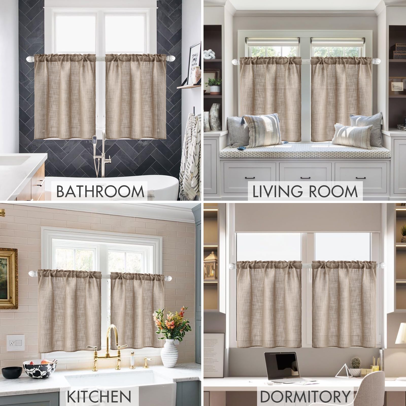MIULEE Semi-Sheer Cafe Curtains 30 Inch Length - Rustic Linen Kitchen Window Curtains for Over Sink, Bathroom & Basement - Rod Pocket Tier Curtains 2 Panels (26x30 Inches, Taupe) - Perfect for Farmhouse, Cottage & Country Style Homes