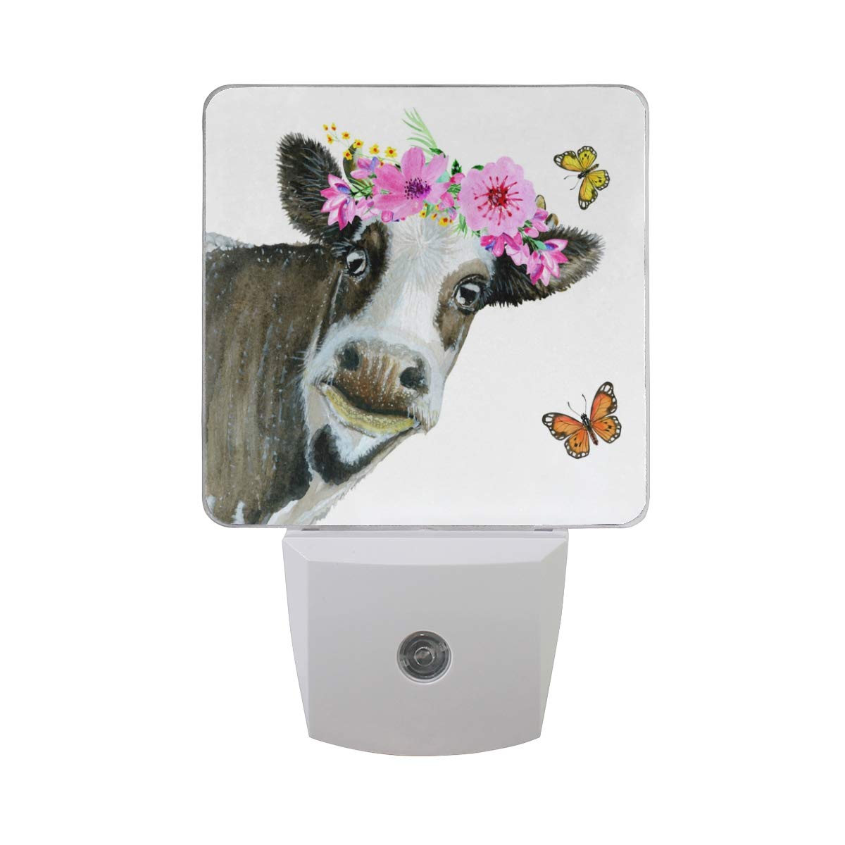 2 Pack Cow Print LED Night Light with Watercolor Design - Dusk to Dawn Sensor, Plug-in Wall Light for Bedroom, Kitchen, Nursery Decor | Perfect for Kids Room, Home Ambiance & Nighttime Safety
