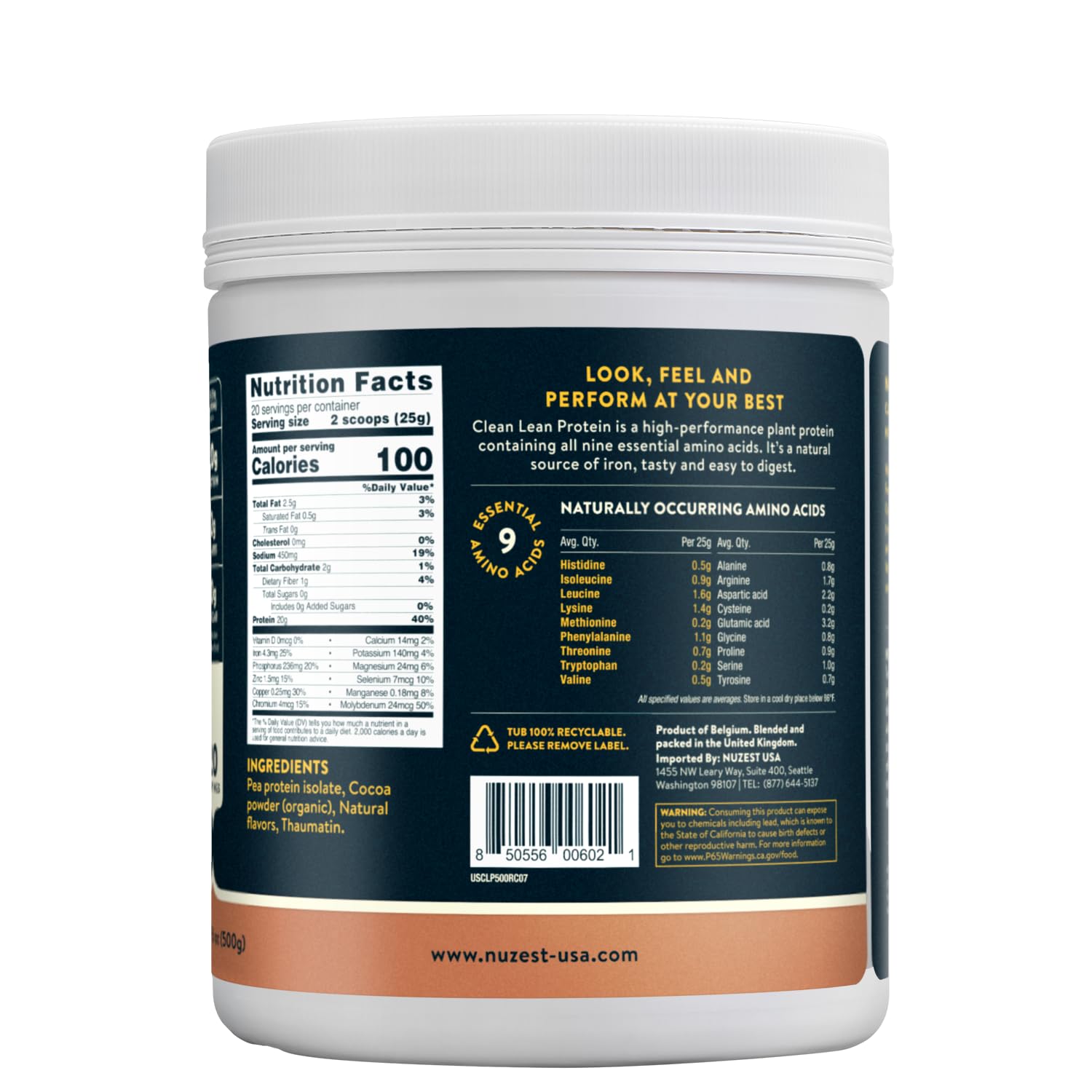 Nuzest Premium Vegan Pea Protein Powder - Clean Lean Plant Based Protein, Dairy Free, Gluten Free, Non-GMO, Rich Chocolate Flavor (20 Servings, 1.1 lb) - Perfect for Post-Workout Recovery, Smoothies & Healthy Meal Replacement