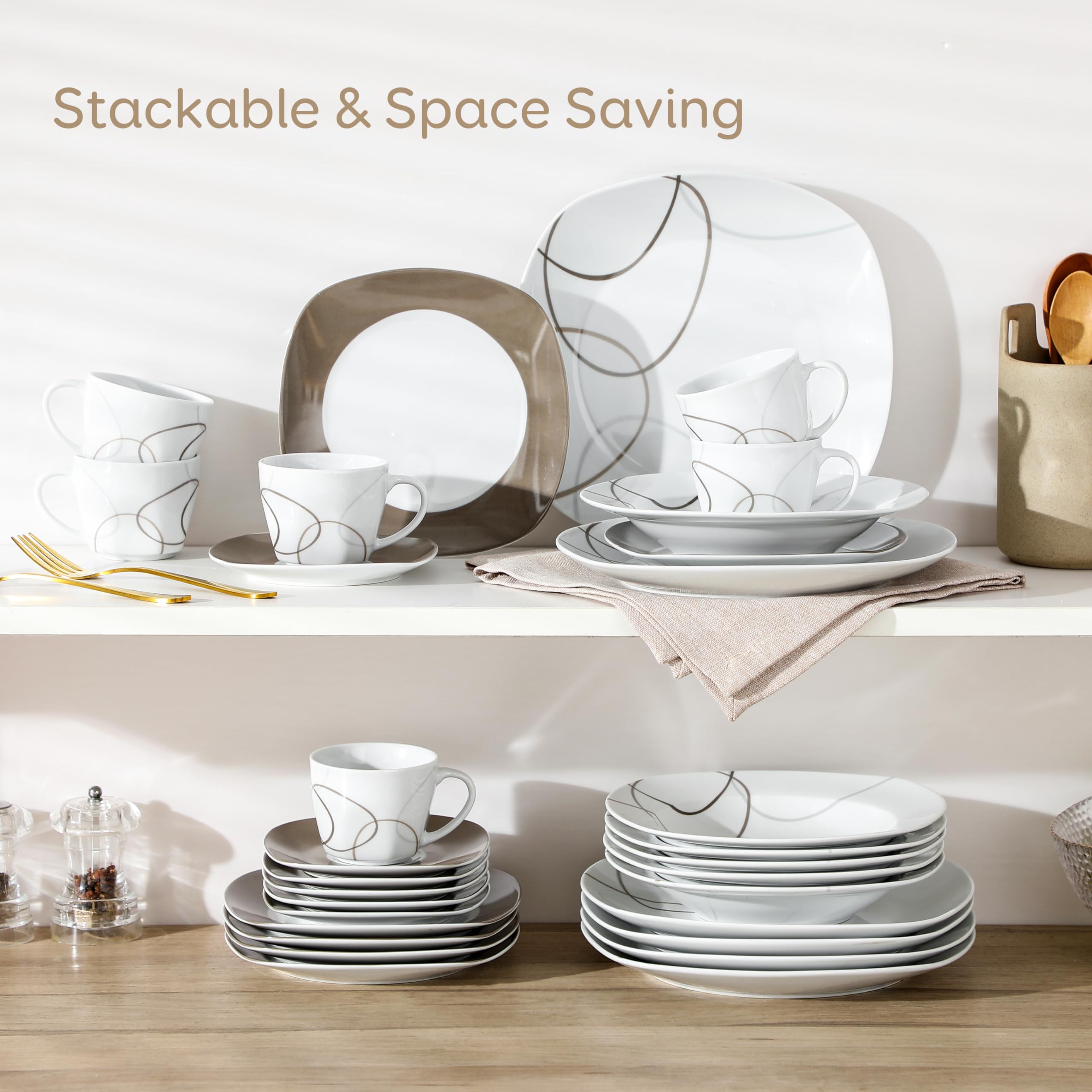 VEWEET Nikita 30-Piece Porcelain Dinnerware Set - White with Brown Lines - 6-Person Table Setting (Plates, Cups & Saucers) - Elegant Tableware for Dinner Parties, Family Meals & Restaurant Use