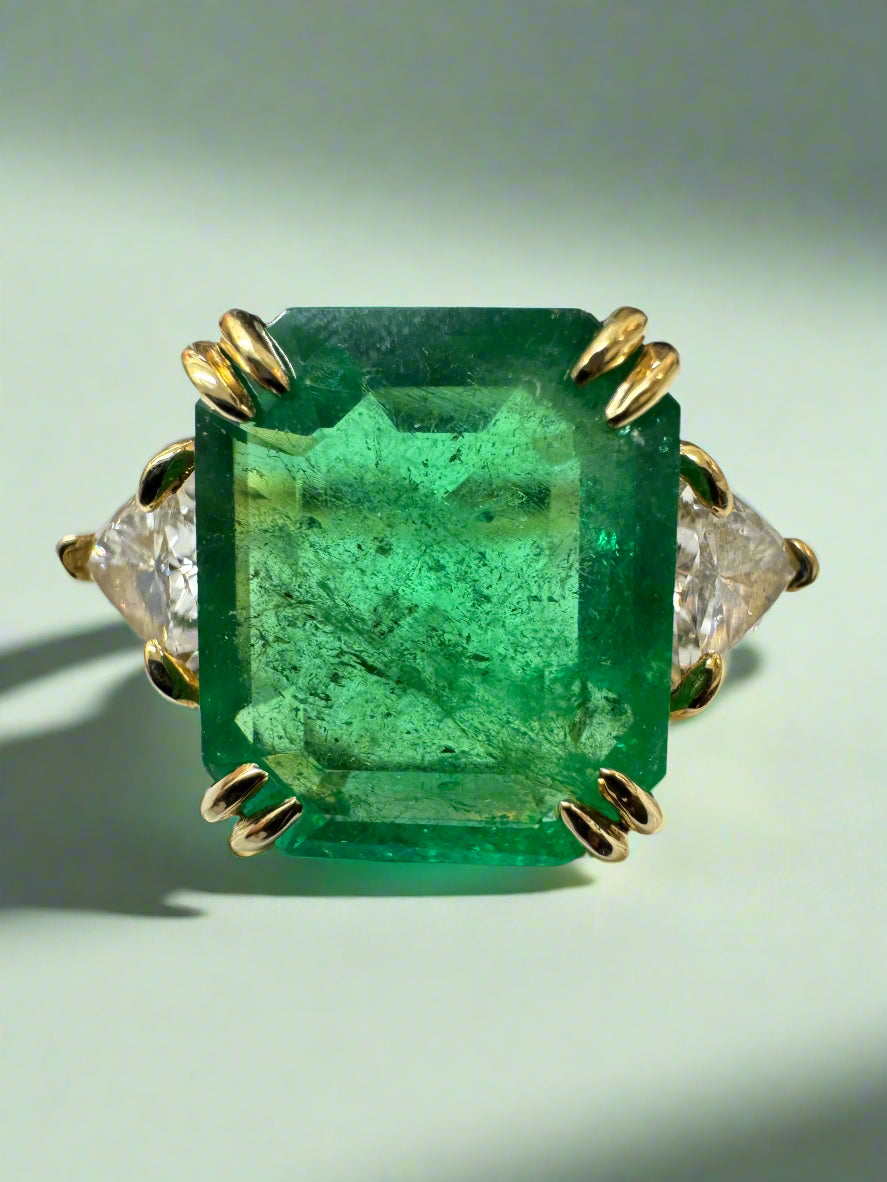 7.15tcw Muzo Colombian Emerald & Natural Trillion Diamond Three Stone 18K White Gold Ring - Elegant Jewelry for Engagement, Anniversary & Special Occasions