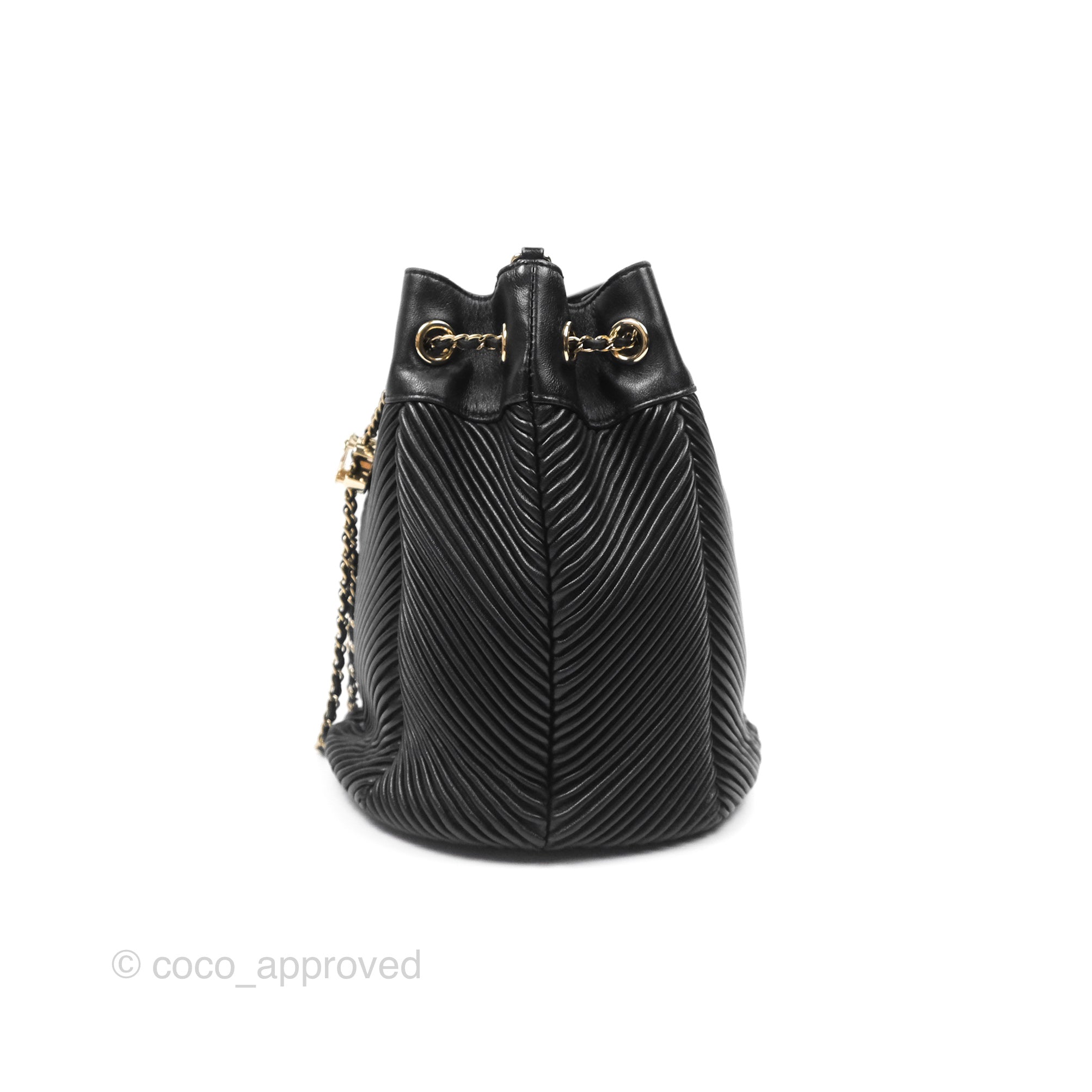 Chanel CC Chain Drawstring Bucket Bag Chevron Black Lambskin Gold Hardware - Luxury Crossbody Shoulder Bag for Women, Perfect for Parties, Date Nights & Special Occasions