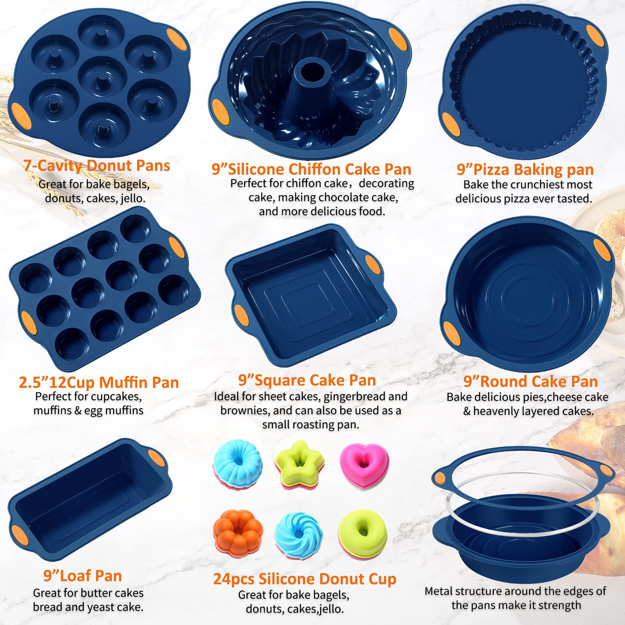 31-Piece Nonstick Silicone Baking Pans Set with Metal Reinforced Frame - Navy Blue Bakeware for Cakes, Cupcakes, Muffins & More - Perfect for Home Baking, Parties & Gifts