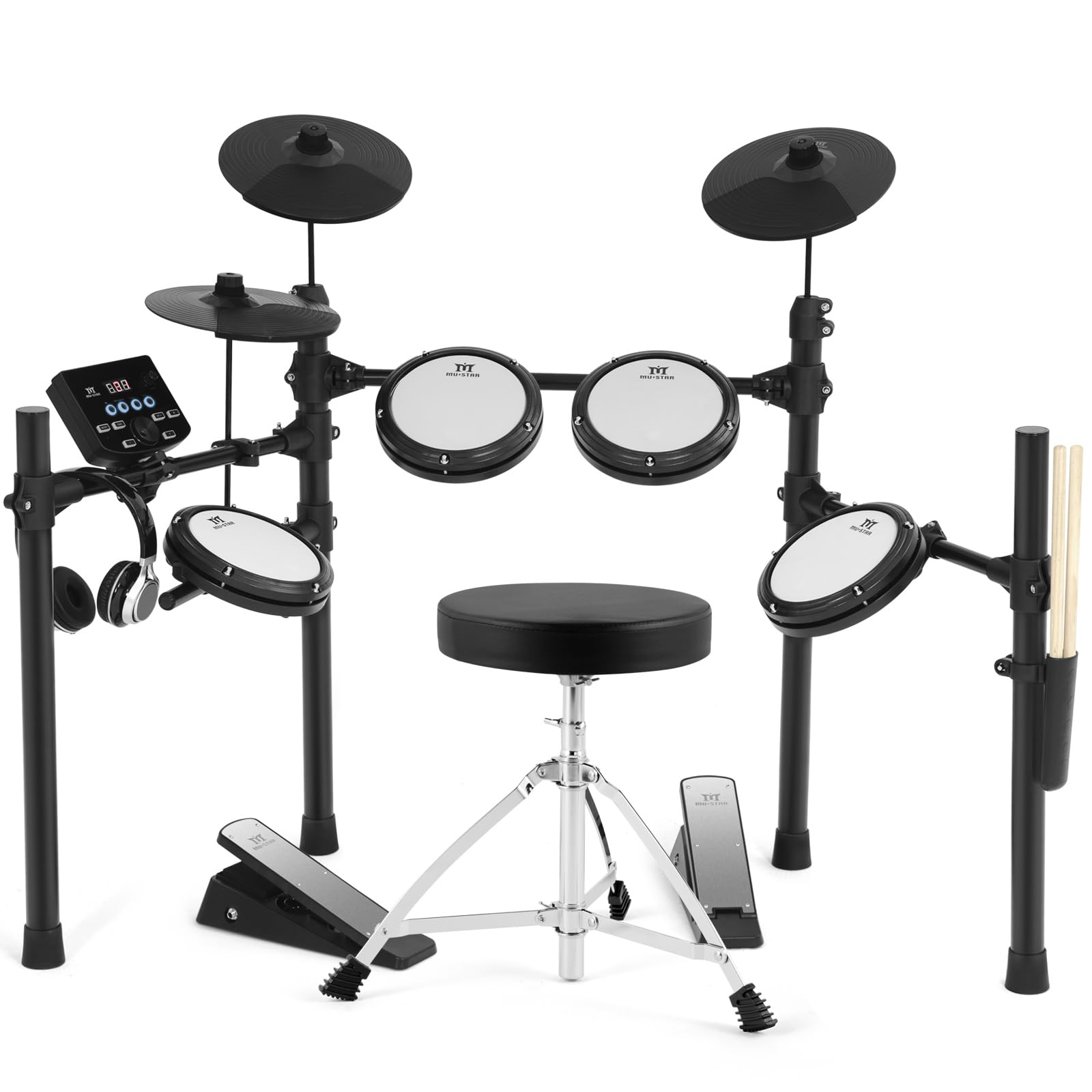 MUSTAR 10-Piece Electronic Drum Set with 450 Sounds, Mesh Drum Pads, 2 Choke Cymbals, Kick Drum, Pedals, Headphones & Sticks - USB MIDI Compatible for Home Practice, Studio Recording & Live Performances