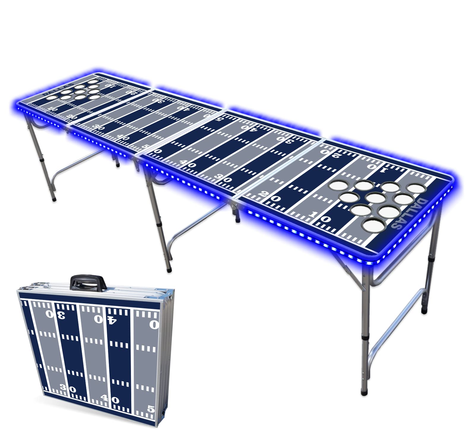 8-Foot Folding Portable Beer Pong Table with Optional Cup Holes & LED Lights - Dallas Cowboys Football Field Design for Parties, Tailgating & Outdoor Games (Multiple Models Available)