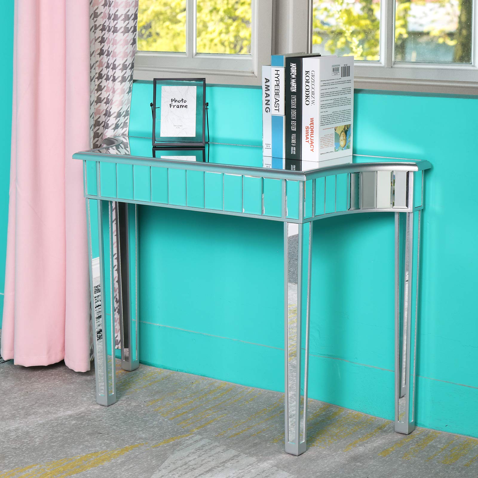 Modern Mirrored Console Table - Elegant Makeup Vanity & Entryway Writing Desk for Women | Glass Top Dressing Table for Bedroom, Living Room, Hallway | Space-Saving Home Decor & Organization Solution