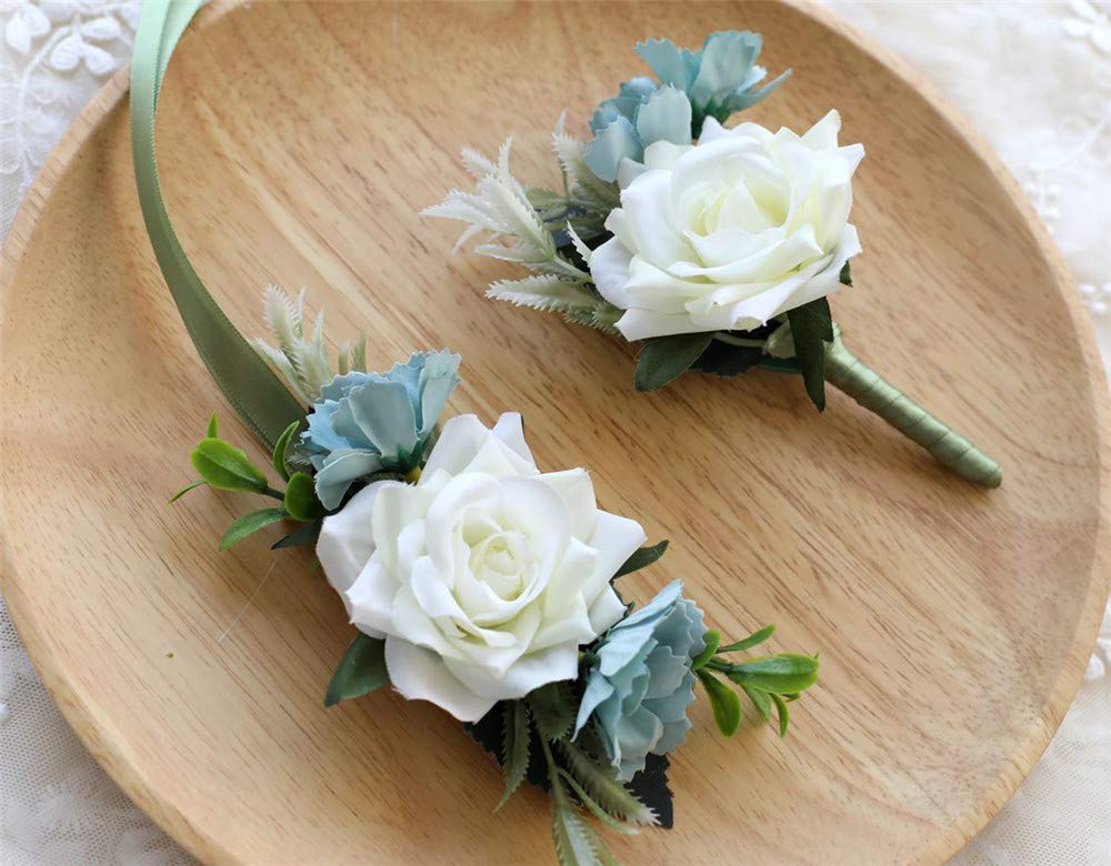 Artificial Rose Boutonniere & Corsage Set - Silk Flower for Wedding, Prom, Party - Elegant White Roses for Bridal Bouquet, Groom Boutonniere & Corsage