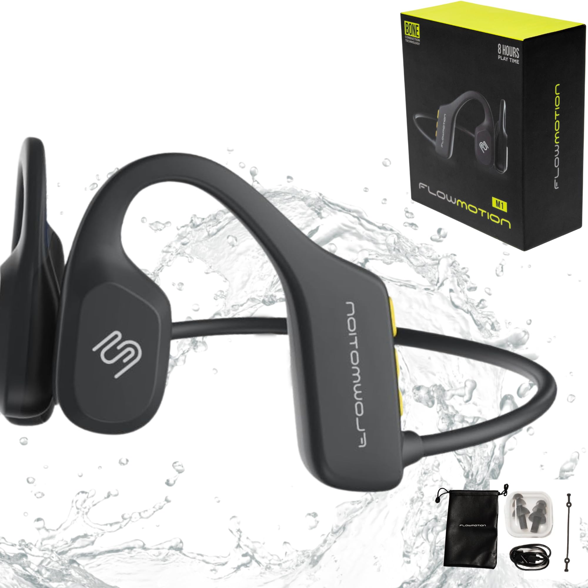 FlowMotion M1 Open-Ear Bluetooth Bone Conduction Headphones with 32GB MP3 Player | IP68 Waterproof | Secure Fit for Swimming, Running, Cycling & Gym Workouts | Built-in Mic | Perfect for Outdoor Sports & Water Activities
