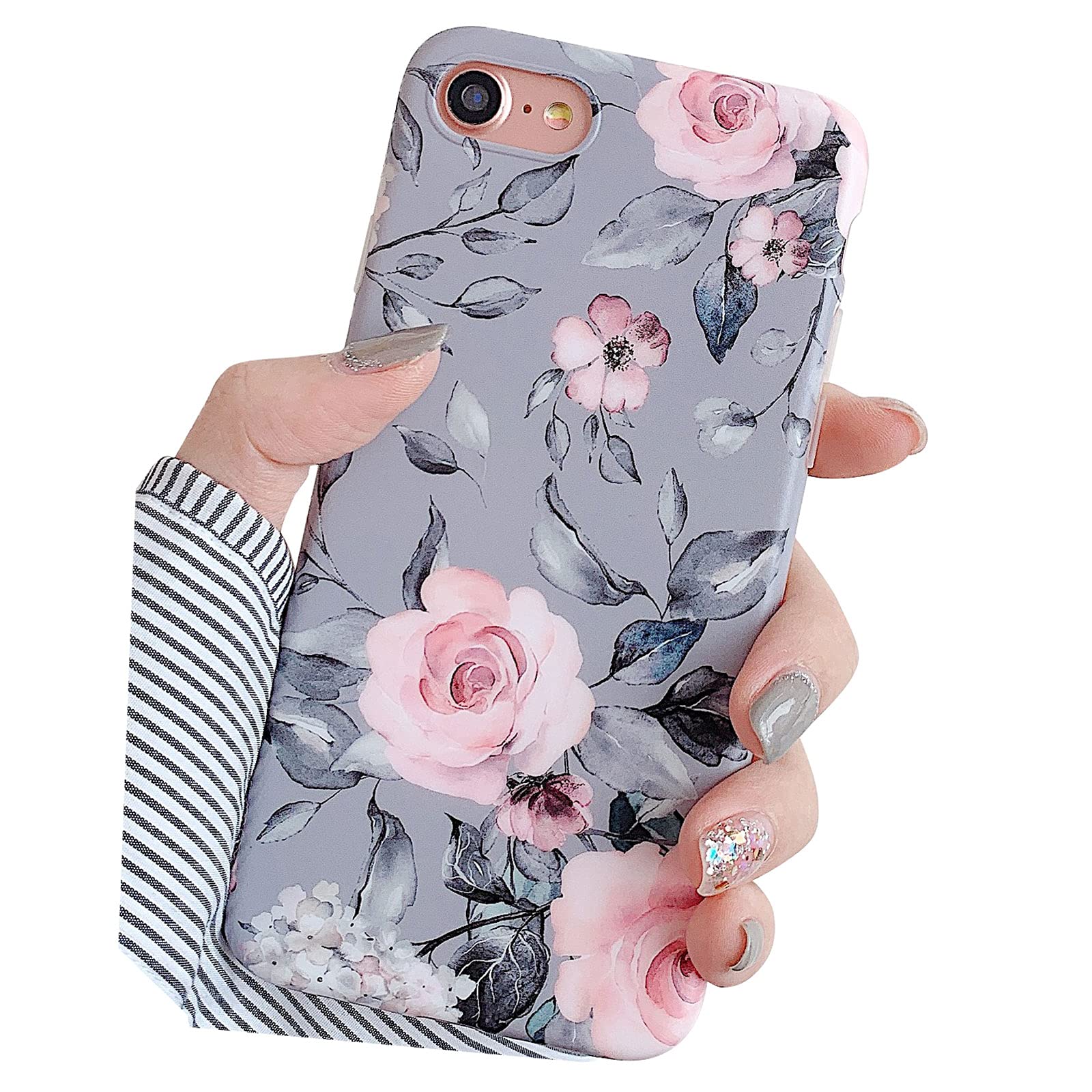 YeLoveHaw iPhone SE 2020/8/7 Case - Floral Purple Gray Leaves Design, Slim Soft Flexible Protective Cover for Women & Girls | Perfect for Daily Use, Work, School & Travel (Pink Flowers Pattern)