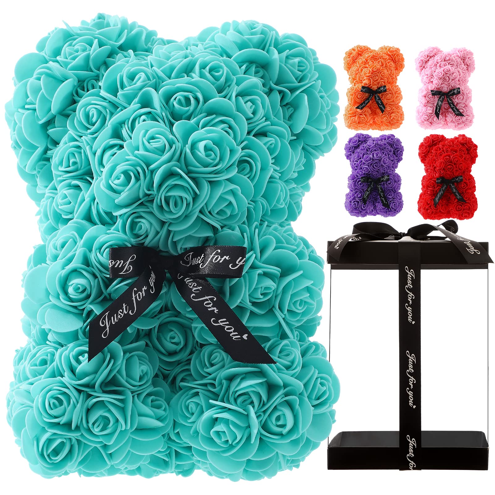 10-inch Handmade Rose Teddy Bear - Romantic Rose Bear Gift for Girlfriend, Daughter, Wife | Valentine's Day, Mother's Day, Wedding & Anniversary Present in Clear Gift Box (T Blue) | Perfect for Surprise Proposals, Birthday Celebrations & Romantic Gestures