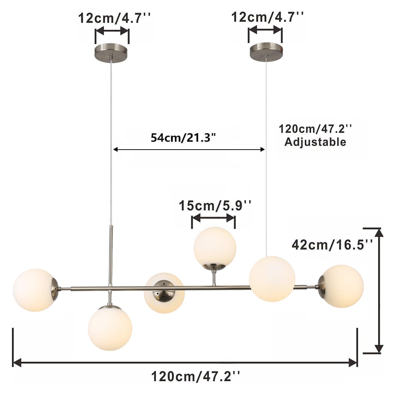 KCO Modern Mid-Century Glass Sputnik Pendant Light - Adjustable 6-Light LED Chandelier for Kitchen Island, Dining Room & Living Room (Silver/White) - Perfect for Contemporary Home Lighting & Interior Decor