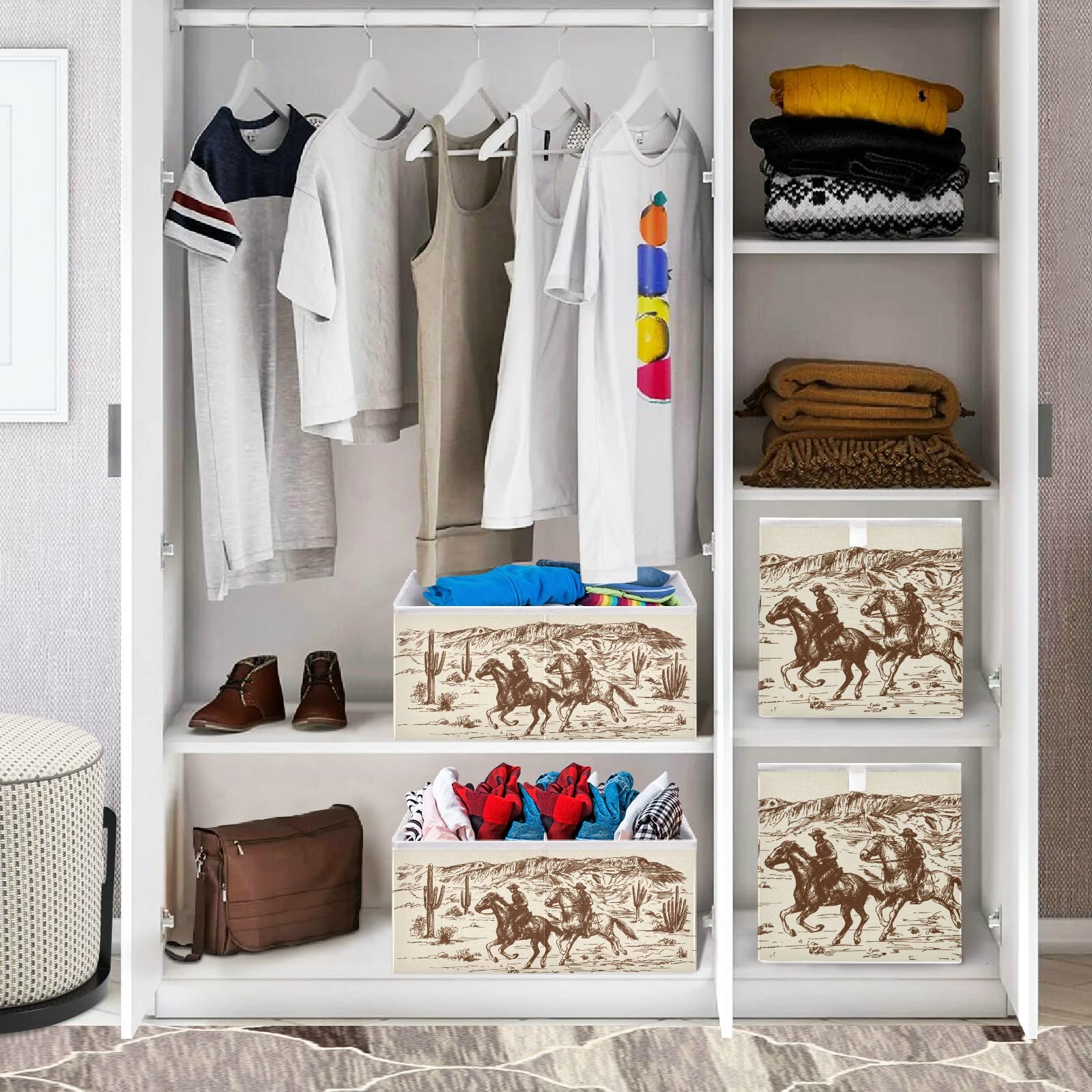 Foldable Collapsible Storage Baskets for Shelves - 16 x 11 Inch Organizer Bins with Handles for Clothes, Toys, Books | Home, Office & Pantry Organization | Durable & Stylish Storage Solution for American Cowboys Decor