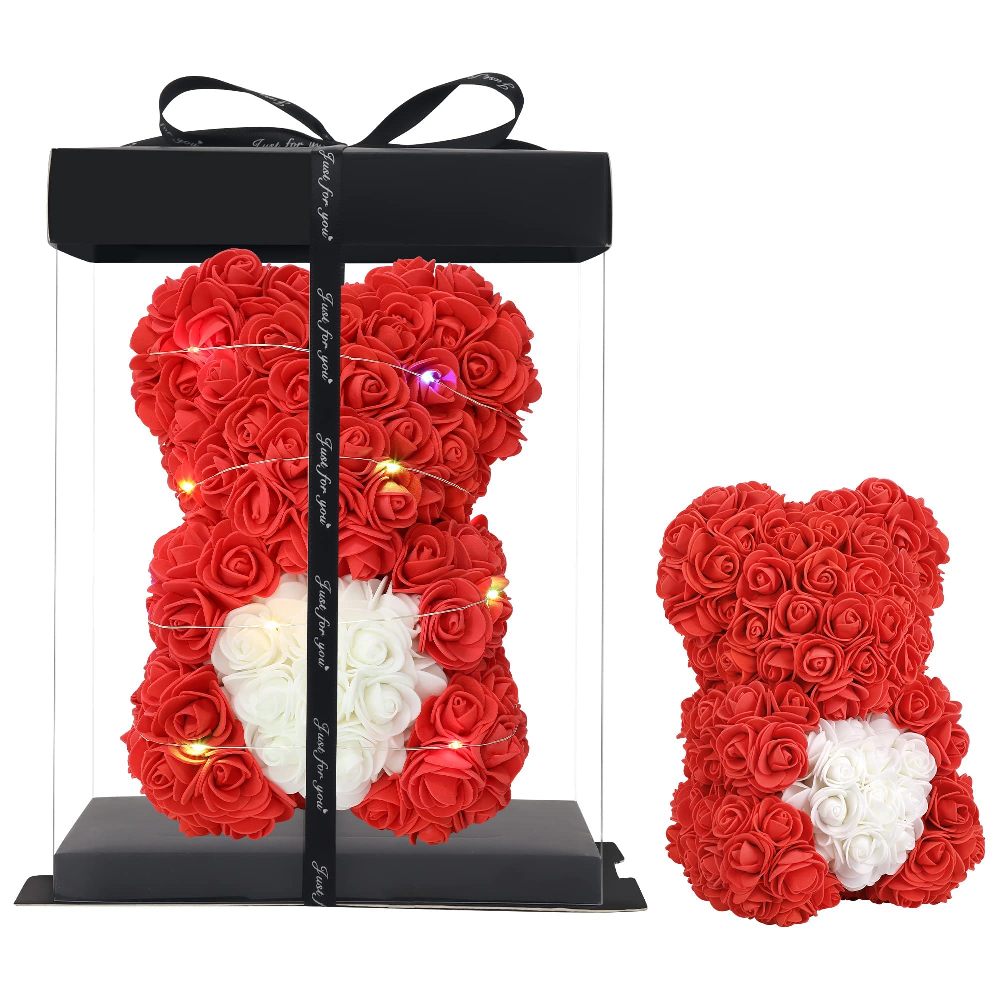 10in Rose Flower Teddy Bear Gift for Women - Luxury Rose Assembled Bear with Gift Box, Perfect Birthday Gift for Mom, Her, Valentine's Day, Anniversary & Special Occasions (Red)