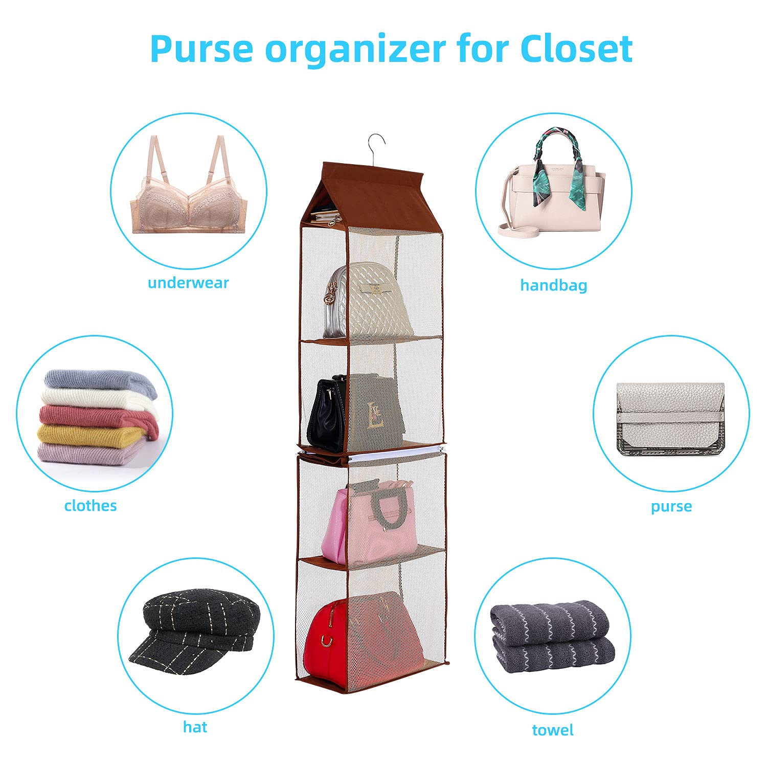 Keepjoy Hanging Handbag Organizer - 4-Tier Heavy Duty Mesh Closet Purse Storage with Detachable Design for Handbags, Purses & Accessories (Brown) - Perfect for Bedroom, Closet & Dorm Organization
