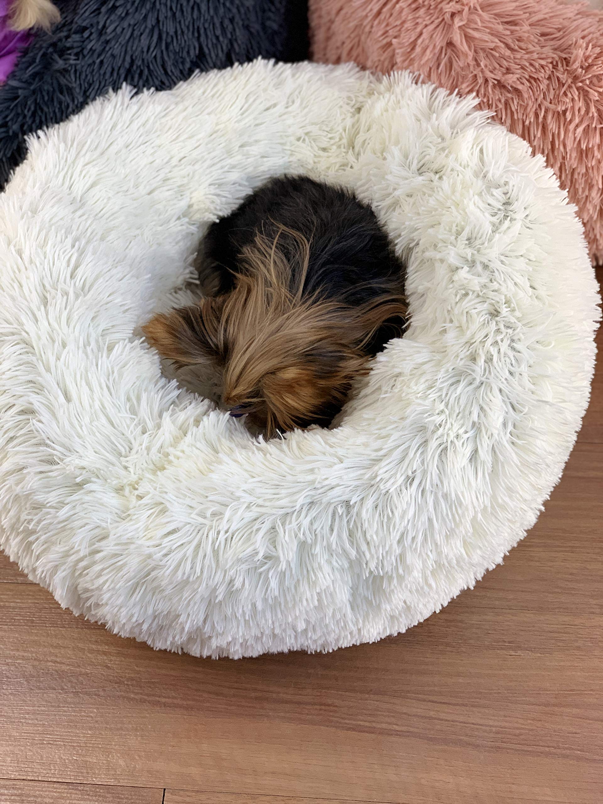 Self-Warming Round Pet Bed - Plush Soft Washable Donut Dog Bed for Small Medium Large Dogs, Calming Comfortable Sleeping Cuddler (100cm/39in, White) - Perfect for Winter Nights & Anxiety Relief