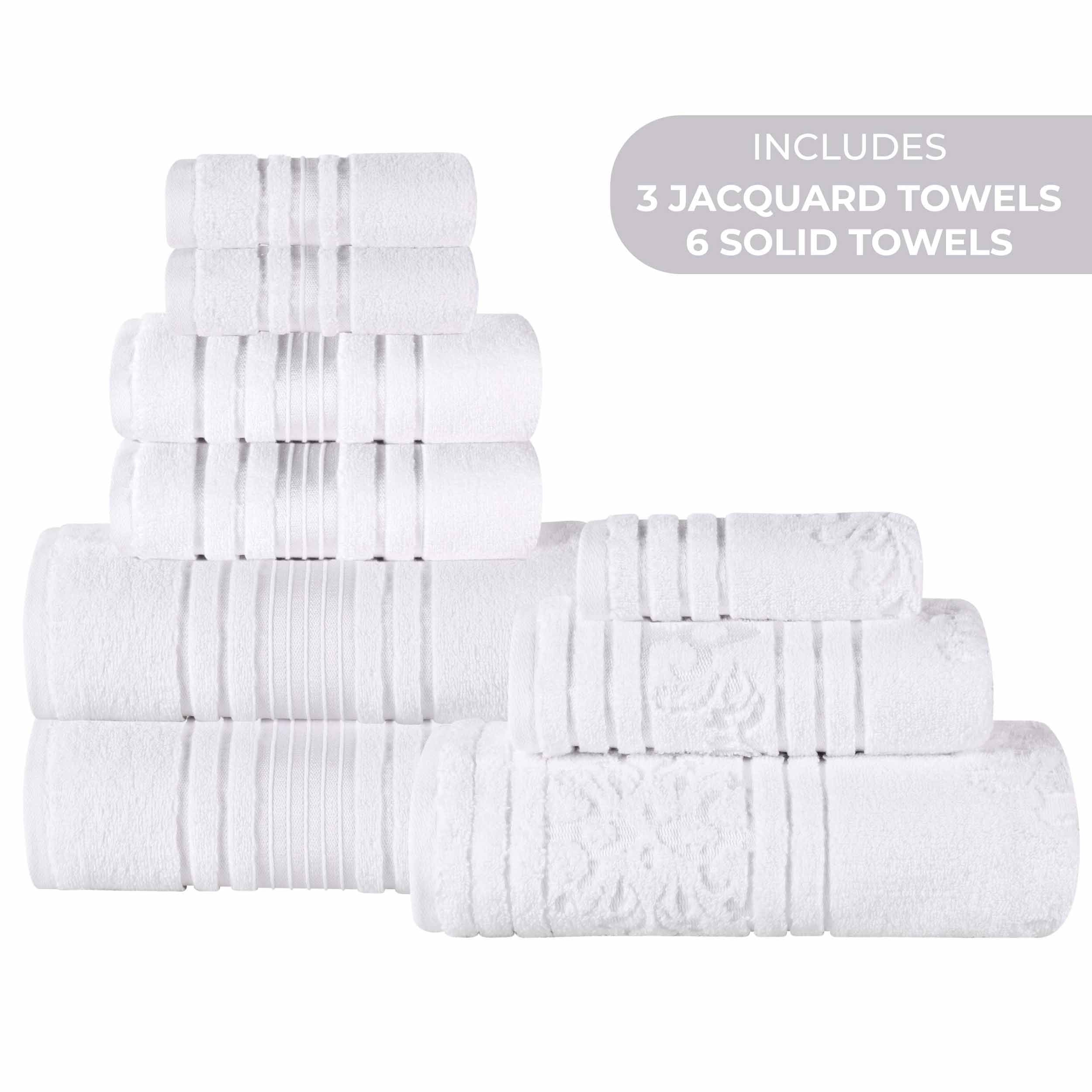 Premium 9-Piece Sadie Zero Twist Cotton Towel Set - Solid & Jacquard Floral Design | Ultra Soft & Absorbent Bath Towels, Hand Towels & Washcloths | Perfect for Spa, Bathroom & Luxury Home Decor