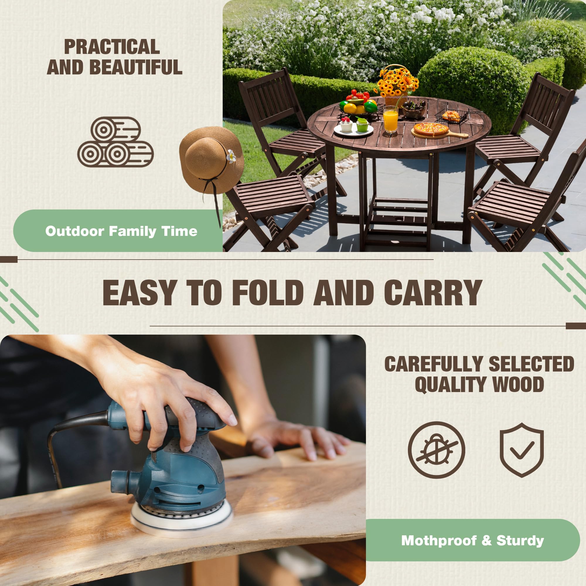 Devoko 5-Piece Acacia Wood Outdoor Dining Set - 37