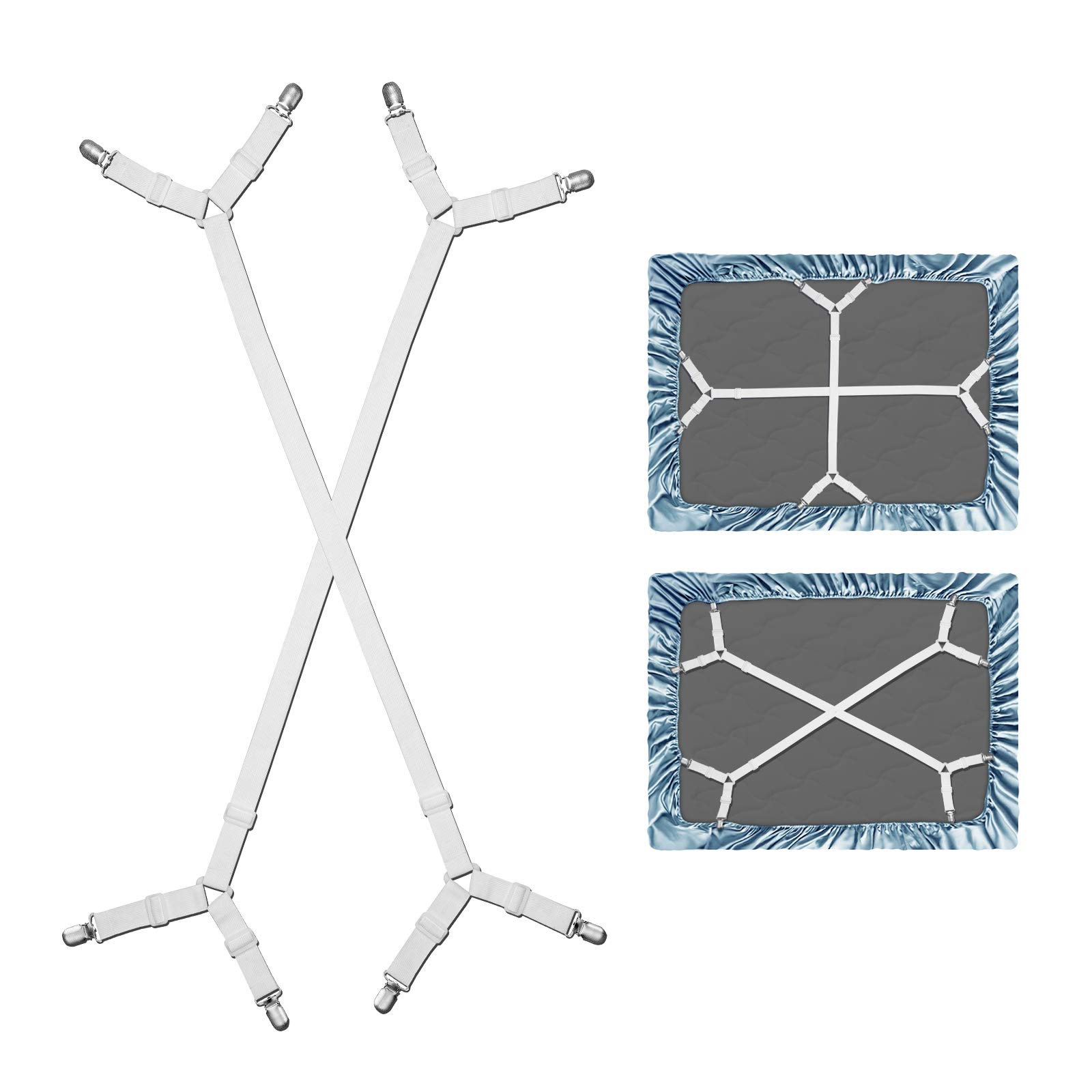 WADEO 2 Pack Adjustable Cross Bed Straps with Side Pull, Mattress Clips & Fasteners - Universal Fit for All Square Mattresses (White) - Perfect for Bedding Security & Mattress Stabilization