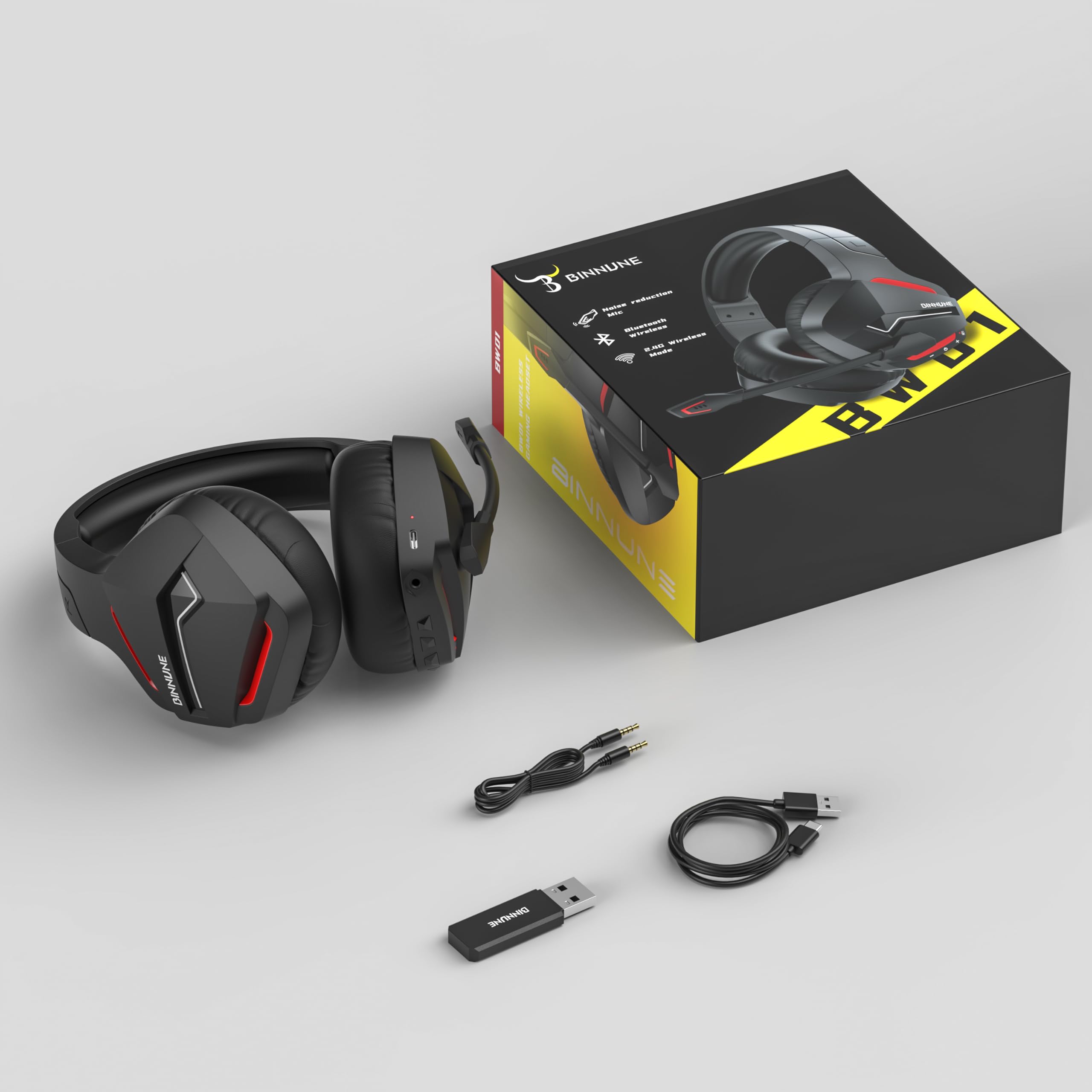 BINNUNE Wireless Gaming Headset with Microphone - 2.4G Bluetooth USB Headphones for PC, PS4, PS5, Laptop - Noise Cancelling Mic for Online Gaming, Streaming & Video Calls