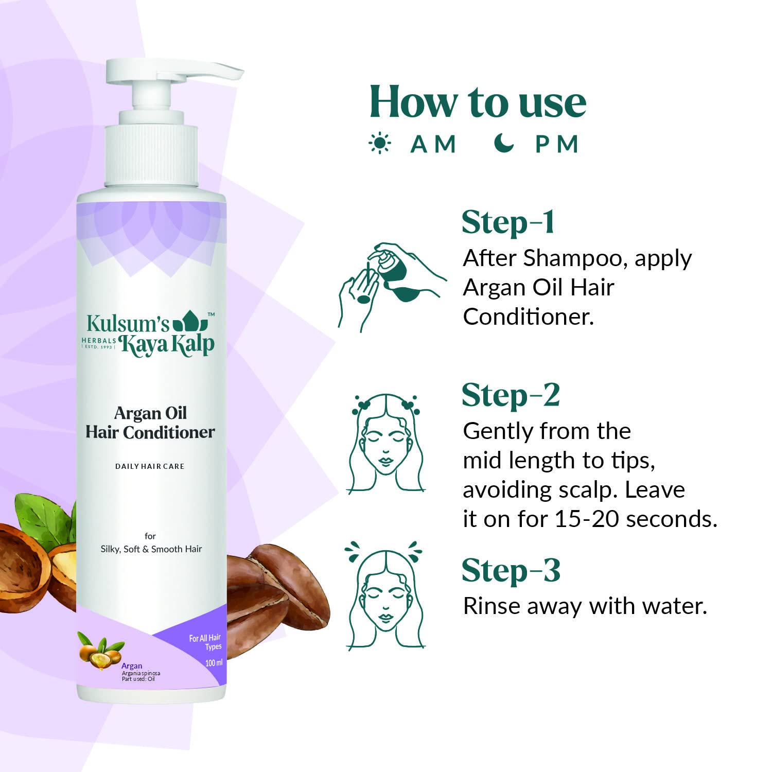 Kulsum's Kaya Kalp Herbals Argan Oil Hair Conditioner - 100ml | Silky, Soft & Smooth Hair Treatment for Men & Women | Nourishes All Hair Types | Perfect for Daily Use, Dry Hair Care & Salon-Quality Results at Home
