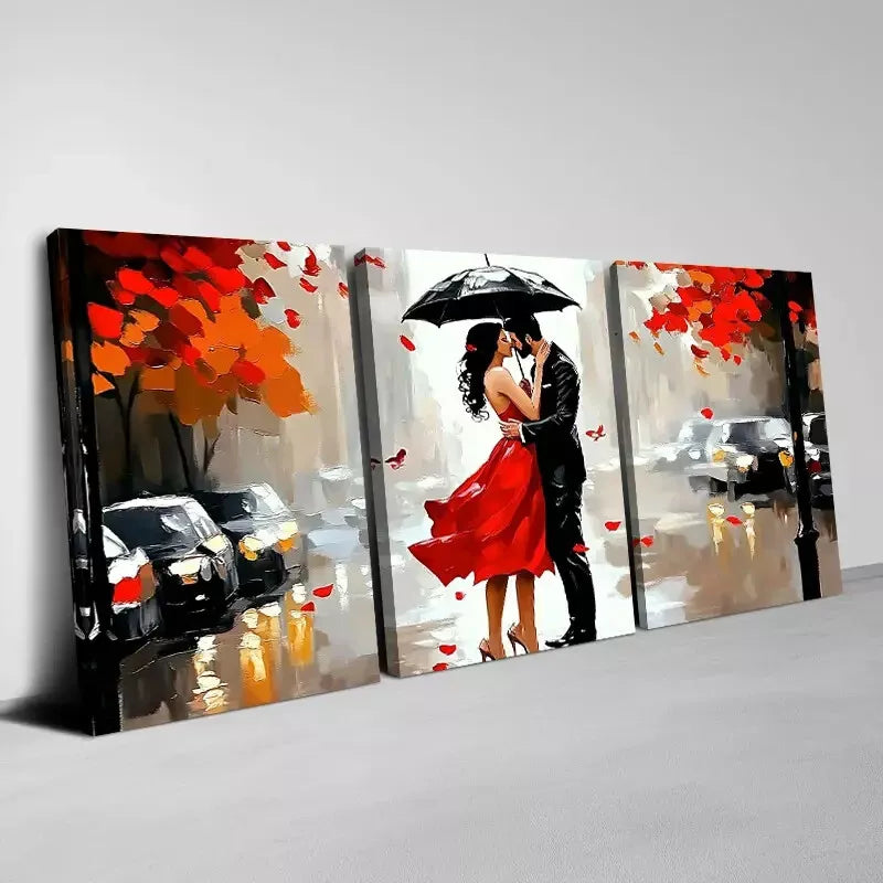 3-Piece Romantic Couple Walking in Rain with Umbrella Wall Art Set - 40x60cm Framed Canvas Prints | High Quality Australian Made | Perfect for Living Room, Bedroom & Office Decor