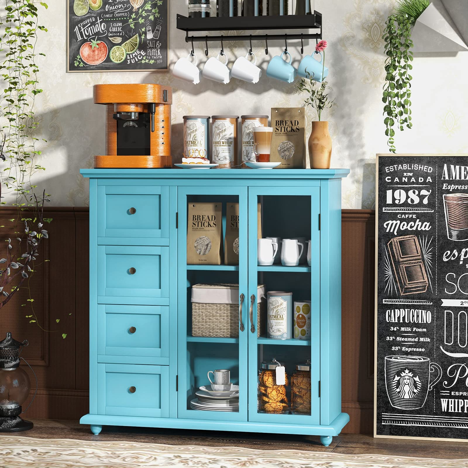 COSTWAY Sideboard Buffet Cabinet - 4-Drawer Kitchen Storage Cabinet with 2 Tempered Glass Doors, Entryway Accent Furniture for Dining Room, Kitchen & Home Organization | Perfect for Small Space Storage & Home Decor