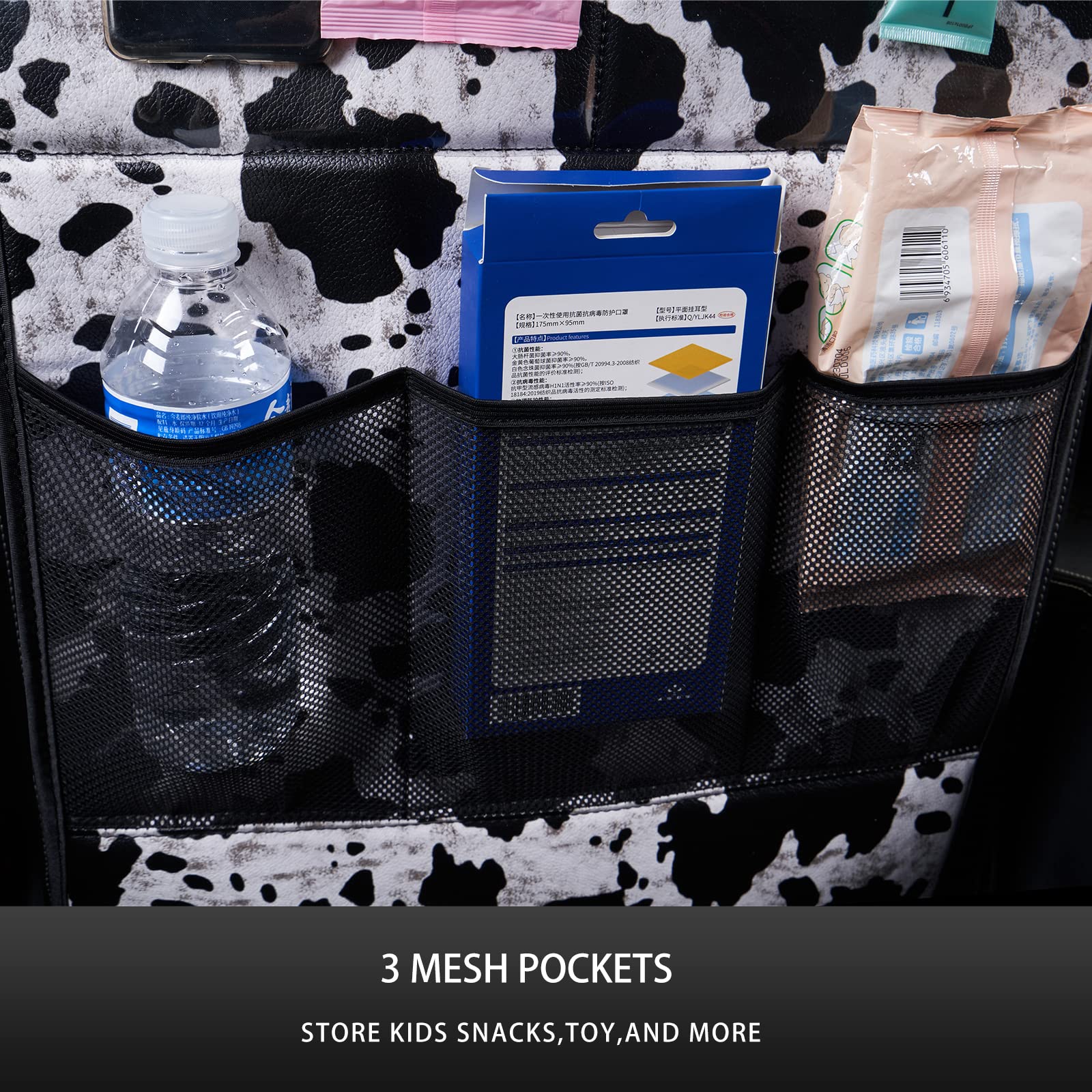 Cow Print Car Seat Back Kick Protectors - 2 Pack Kick Mats with Storage Pockets for Kids, Durable Car Accessories for SUVs & Minivans - Perfect for Road Trips & Family Travel