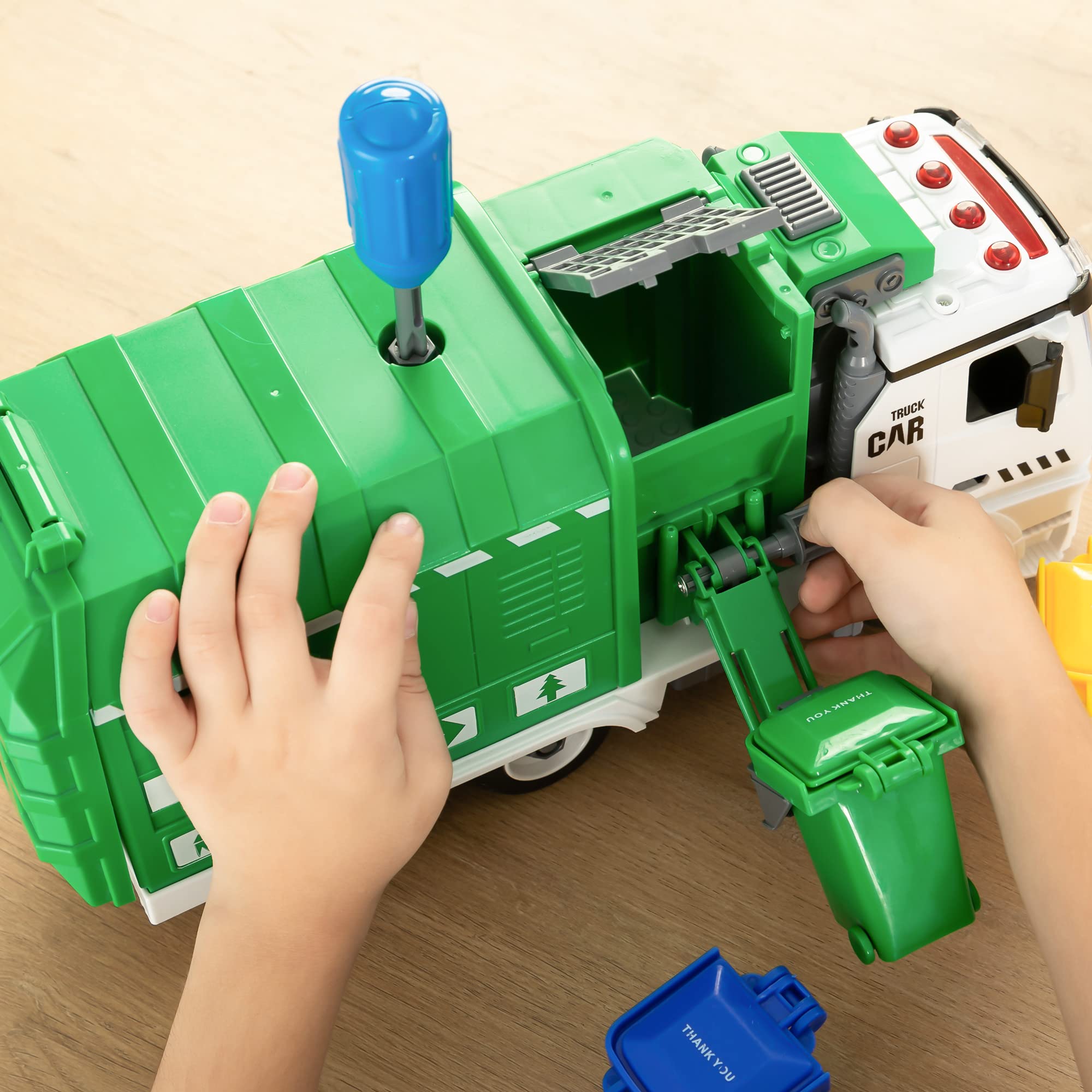 JOYIN Garbage Truck Toy for Kids - DIY Assembly Friction-Powered Dump Truck with Lights & Sounds, Includes 3 Trash Cans & 3 Screwdrivers - Perfect Birthday Gift for Boys & Girls Ages 1-5 | Pretend Play, Recycling Education & Interactive Fun