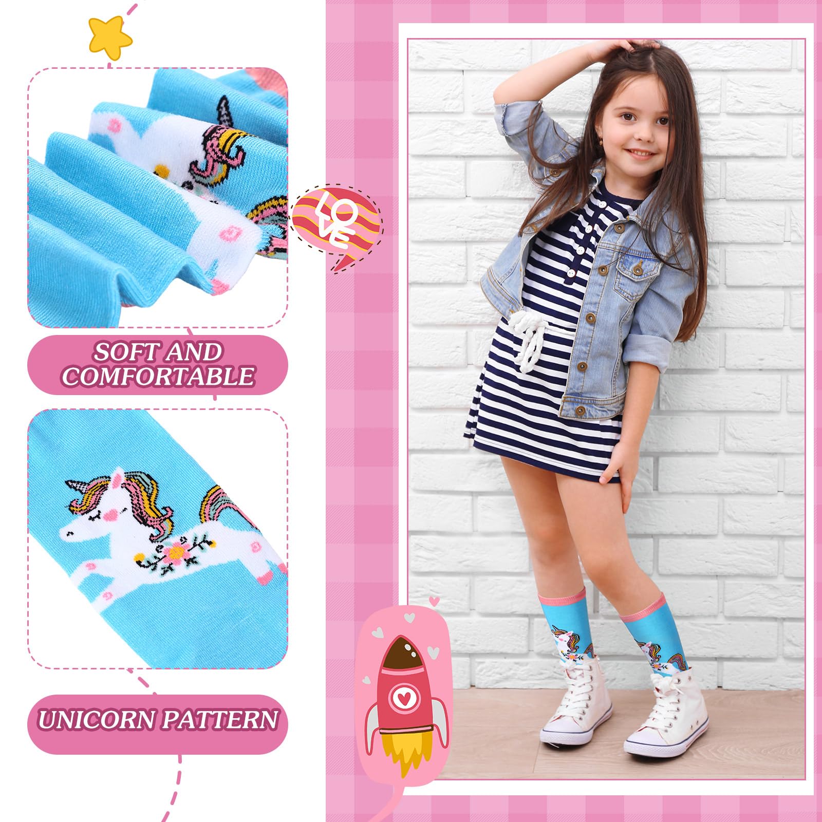 12 Pairs Girls Unicorn Knee High Socks - Soft Cotton Long Tube Socks for Kids 5-8 Years - Perfect for Soccer, Cheerleading & Birthday Gifts - Cute Unicorn Design for School, Sports & Daily Wear