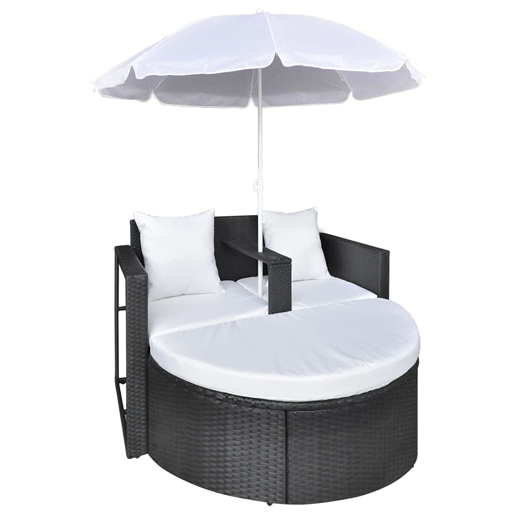 **Brown Poly Rattan Patio Lounge Set with Canopy & Umbrella - Outdoor Daybed Sunlounger for Garden, Lawn, Backyard, Poolside Relaxation**