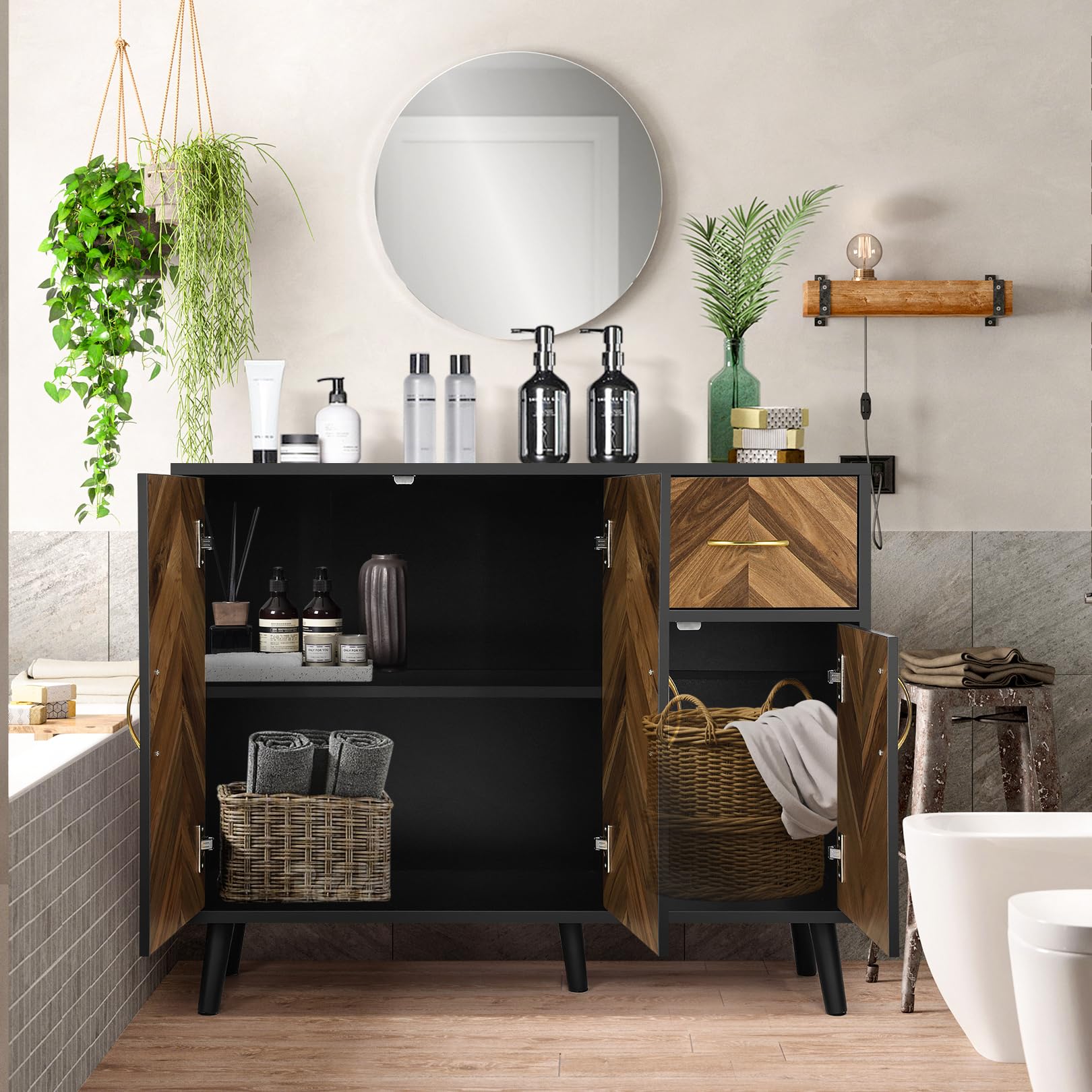 SIHANM 3-Door Sideboard Buffet Cabinet with Drawers & Shelves - Sturdy Free-Standing Storage Cabinet for Hallway, Living Room, Entryway & Kitchen | Perfect for Organizing Dishes, Linens & Home Decor