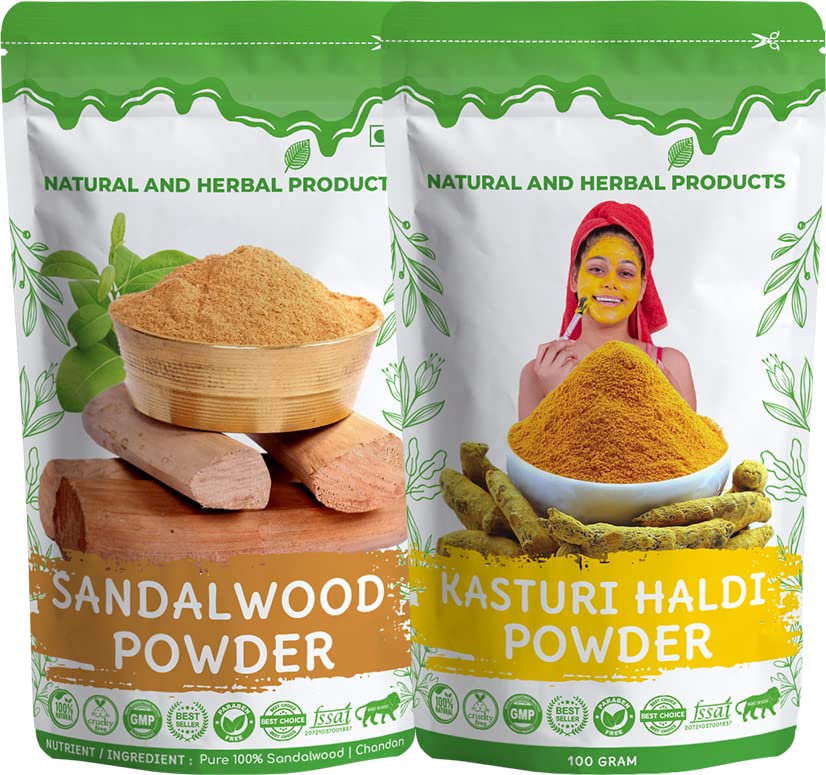 Pure Organic Sandalwood Powder & Wild Turmeric (Kasturi Haldi) for Skin Whitening & Brightening - Natural Herbal Face Pack for Glowing Skin, Pimples & Baby Care | Perfect for Daily Skincare, Puja Rituals & Facial Treatments