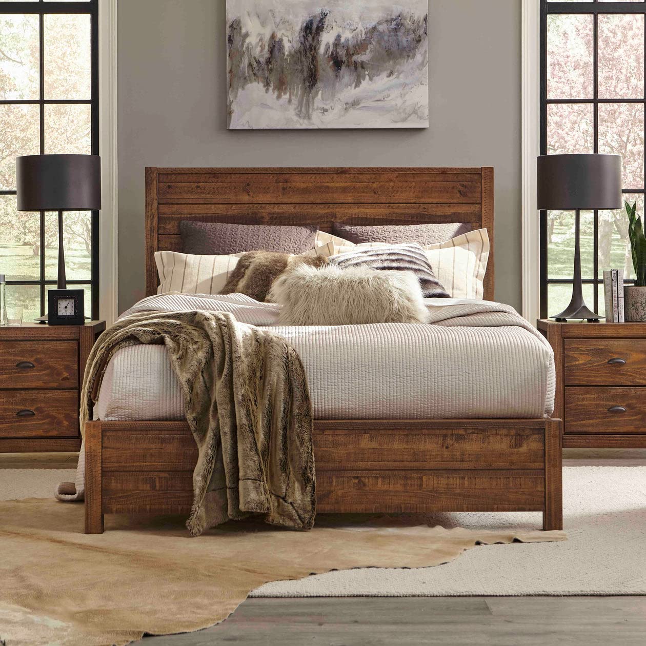 Montauk Solid Wood Bed - Queen Size Rustic Walnut Grain Wood Furniture | Durable Bedroom Furniture for Farmhouse, Cottage & Modern Home Decor