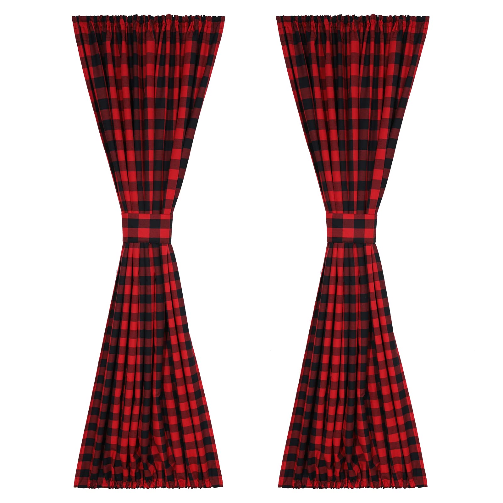 Buffalo Plaid French Door Curtains - 54x72 Inch Farmhouse Window Drapes with Rod Pocket & Tiebacks (Set of 2 Panels, Red/Black) - Perfect for Front Door, Living Room & Rustic Home Decor