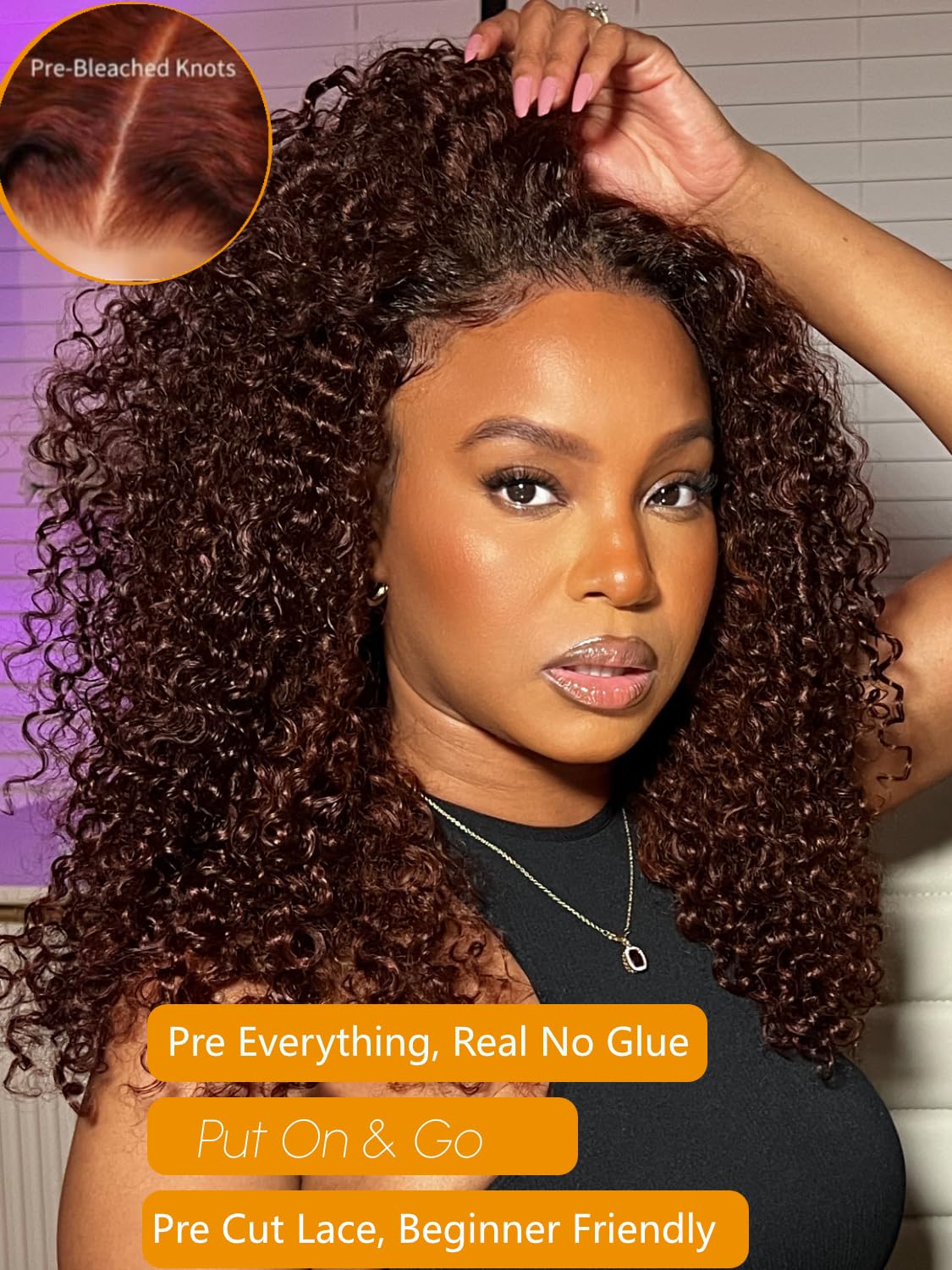 Julia Hair Bye Bye Knots 7x5 Glueless Wig - Pre Cut Lace Front Curly Human Hair Wig in Reddish Brown | 16 Inch Deep Curly with Invisible Knots | Pre Plucked Natural Hairline | Ready to Wear | Perfect for Daily Wear, Cosplay & Special Occasions