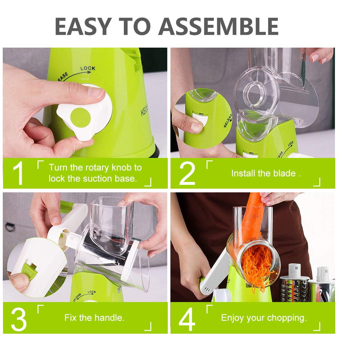 Premium Rotary Cheese Grater Shredder - 3 Interchangeable Blades for Cheese, Nuts, Carrots, Potatoes & More | Manual Round Mandolin Slicer with Safety Guard | Ideal for Kitchen, Camping & Meal Prep (Green)