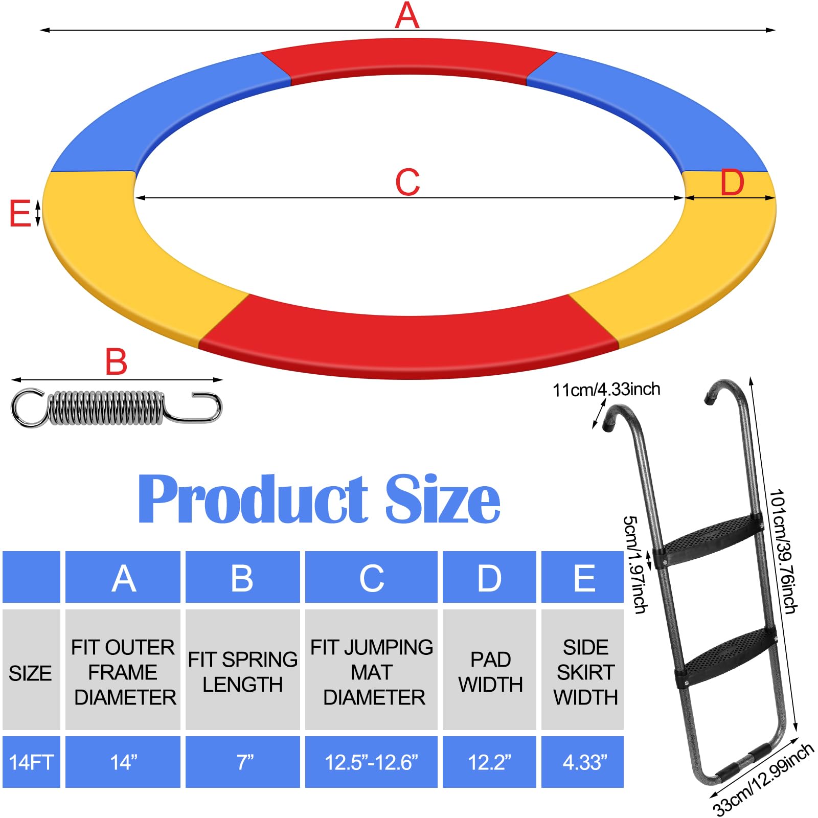Trampoline Accessory Set - Safety Pad, Wide Step Ladder & Storage Bag | Spring Cover Replacement for Indoor/Outdoor Trampolines | Perfect for Backyard Fun, Kids Play & Exercise