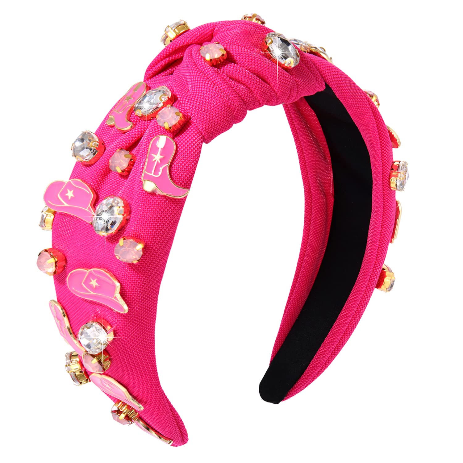 Mokkia Hot Pink Rhinestone Crystal Knotted Headband for Women - Western Cowgirl Hair Accessories, Wide Headband for Boots Hats, Spring Summer Fashion Headwear (Rose Red) - Perfect for Rodeo, Concerts, and Outdoor Events